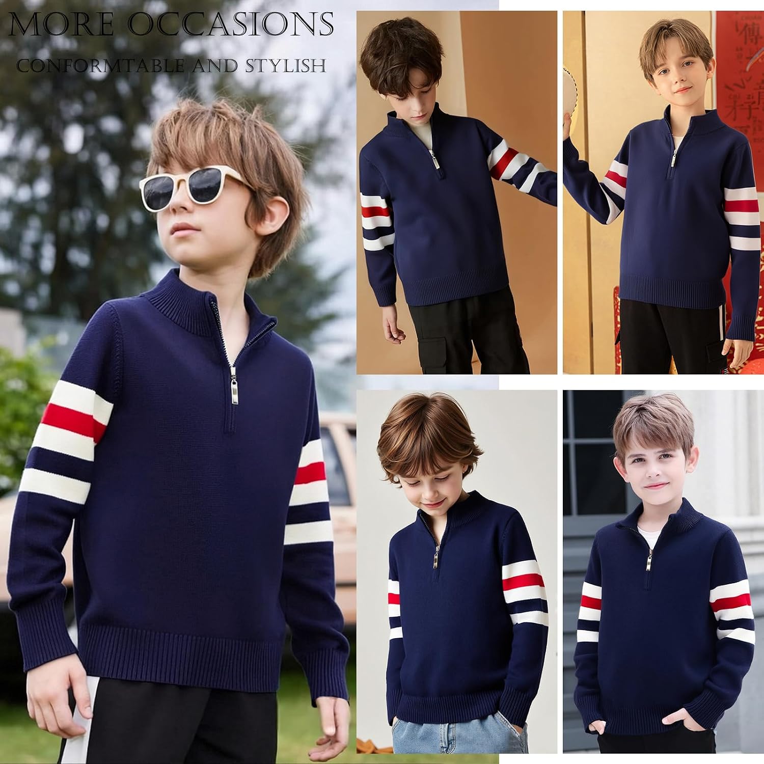 Danny D Boys Quarter Zips Up Chunky Stripe Sweater Kids Knit Warm Pullver Tops Little Kid Long Sleeve Knitwear Sweater