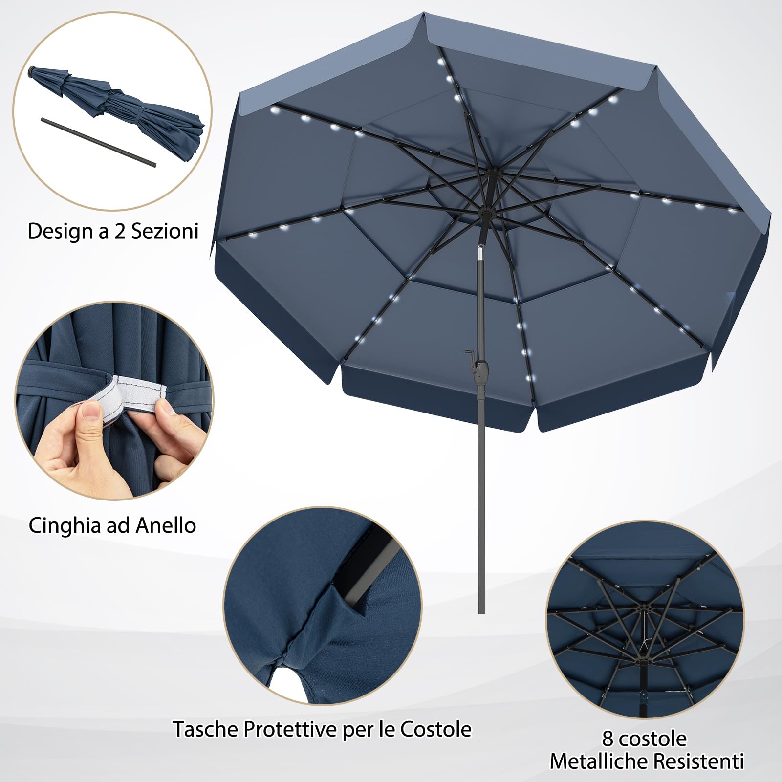 COSTWAY Ombrellone da Giardino 300 cm, 32 Luci Led Solari, con Regolazione Inclinazione, Manovella e 8 Stecche, Anti-UV, Tettuccio Ventilato a 3 Livelli (Blu, 32 Luci)