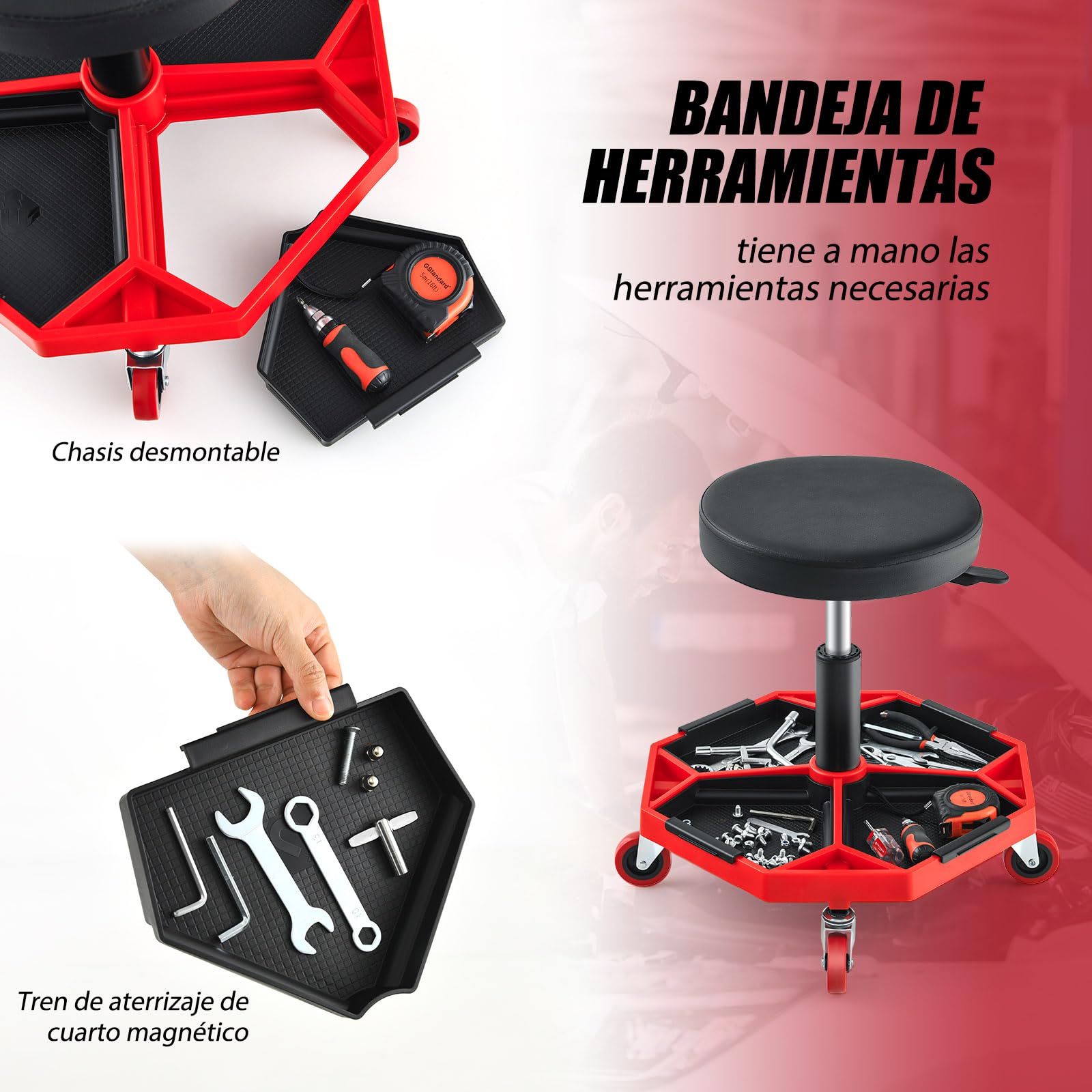 SOARS Taburete de Montaje Móvil, Taburete de Taller Regulable en Altura de 41 a 55 cm, Taburete Neumático Mecánico con Ruedas y Bandeja magnética extraíble para Herramientas, Carga 150 kg