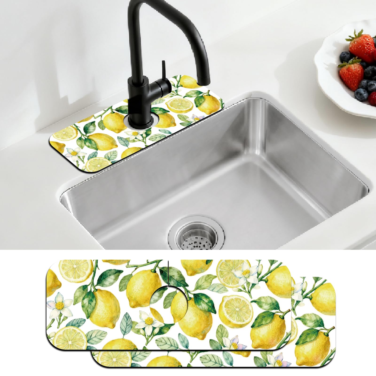 CONCHLERY 2 Pcs Kitchen Sink Splash Guard Faucet Mat Lemon Pattern Faucet Mat for Sinks Fruit Absorbing Drying Mat for Kitchen Bathroom, 14.96x5.5inch