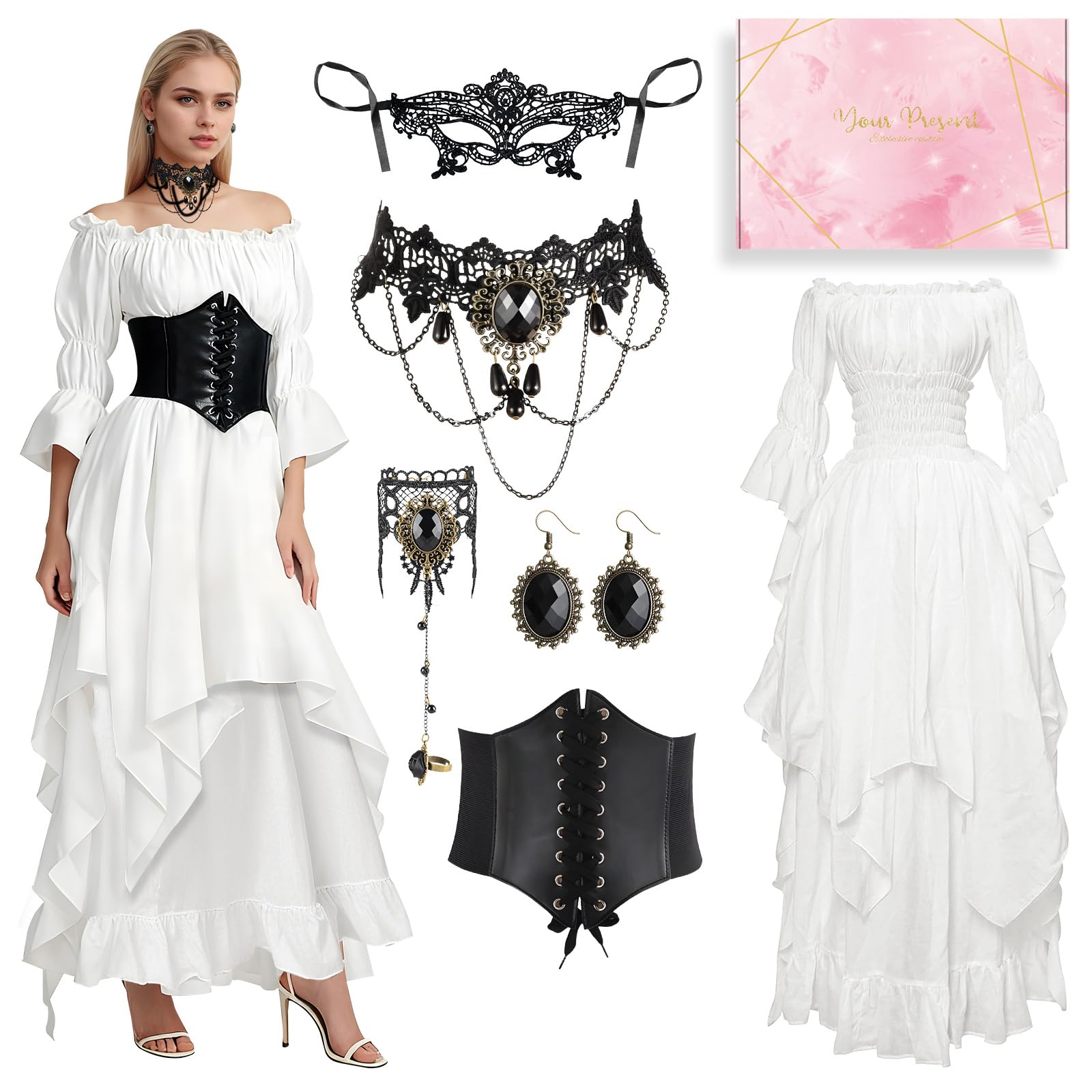 Vestido Medieval para Mujer, Vestido Renacentista con Cinturón, Disfraz de Gótico, Collares, Pulseras, Pendientes,Victoriano para Carnaval, Halloween, Fiestas de Princesas