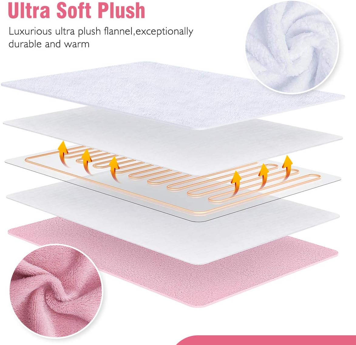 Foot Warmer Electric, Heating Pad King Size Ultra Soft Flannel, Extra Large for Bed, Abdomen, Feet, Back, Cramp, Office/Home Under Desk, 10ft Cord, Auto Off, 22" x 20" - Pink