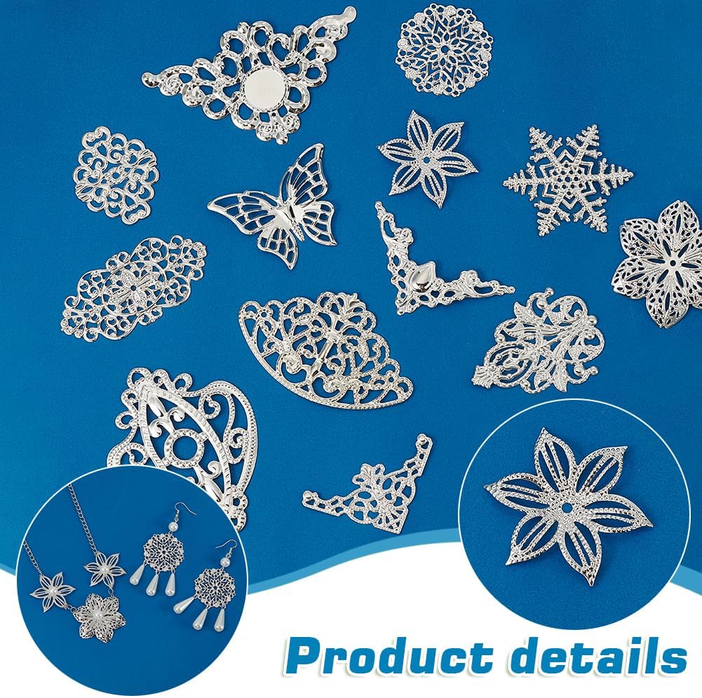 PH PandaHall 130pcs 13 Styles Filigree Connector Charms Links Platinum Corner Embellishments Protectors Hollow Filigree Flower Charm Resin Filler for Christmas Pendant Earring Bracelet Jewelry Making - Image 4