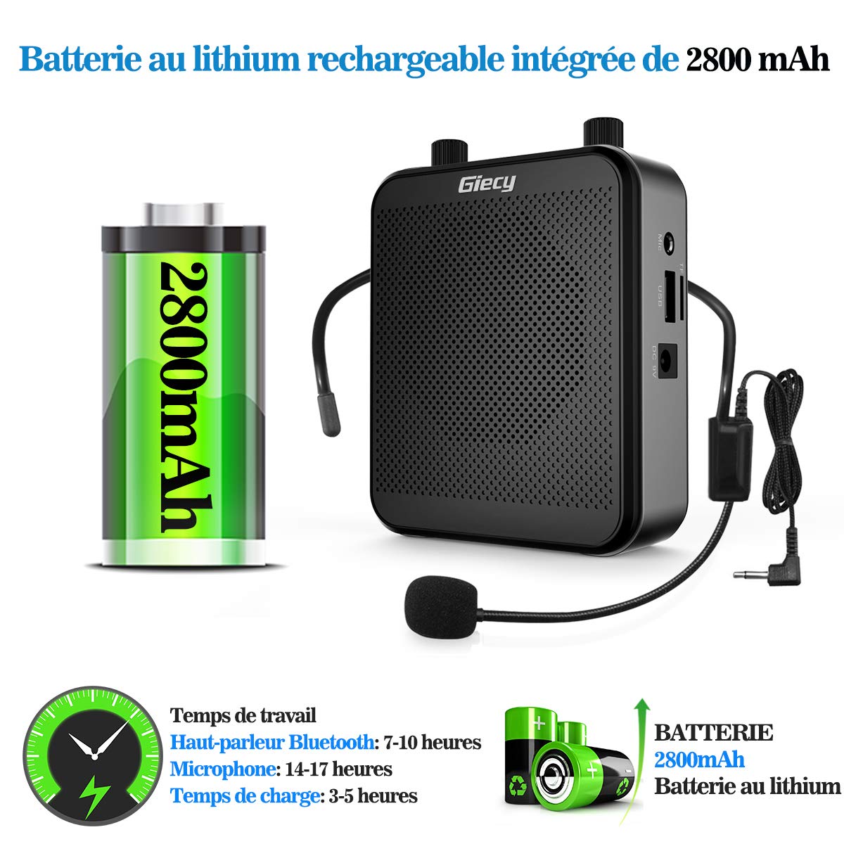 Amplificatore vocale portatile con microfono per cuffie da 30 W, batteria ricaricabile 2800 mAh, potente amplificatore voce per insegnanti, guide, allenatori, presentatori