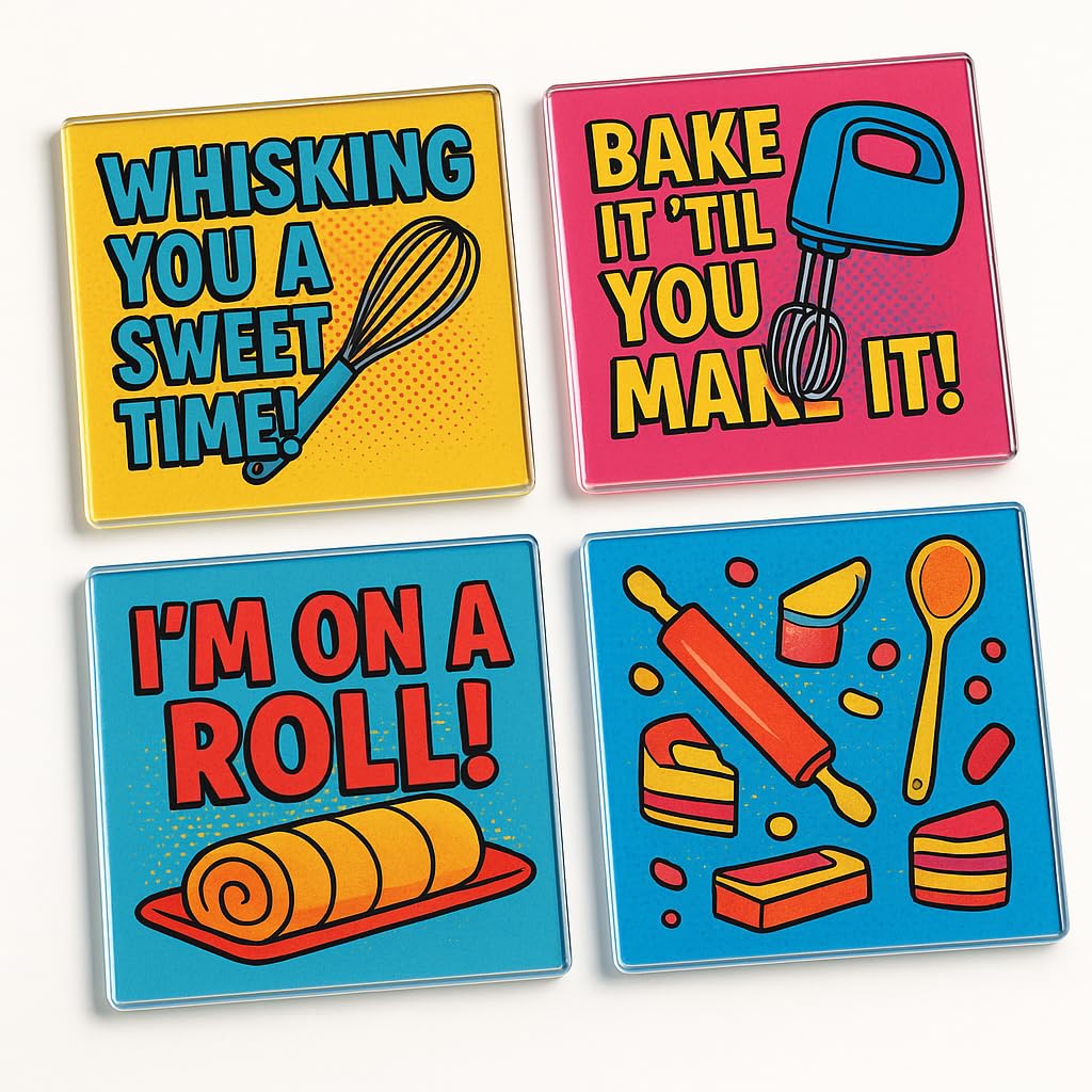 The Plum Penguin Baking Bliss Pop Acrylic Coaster Gift Set Of 4 With Playful Baking Puns - Vibrant Kitchen Decor For Baking Lovers Mum Grandma Celebrations