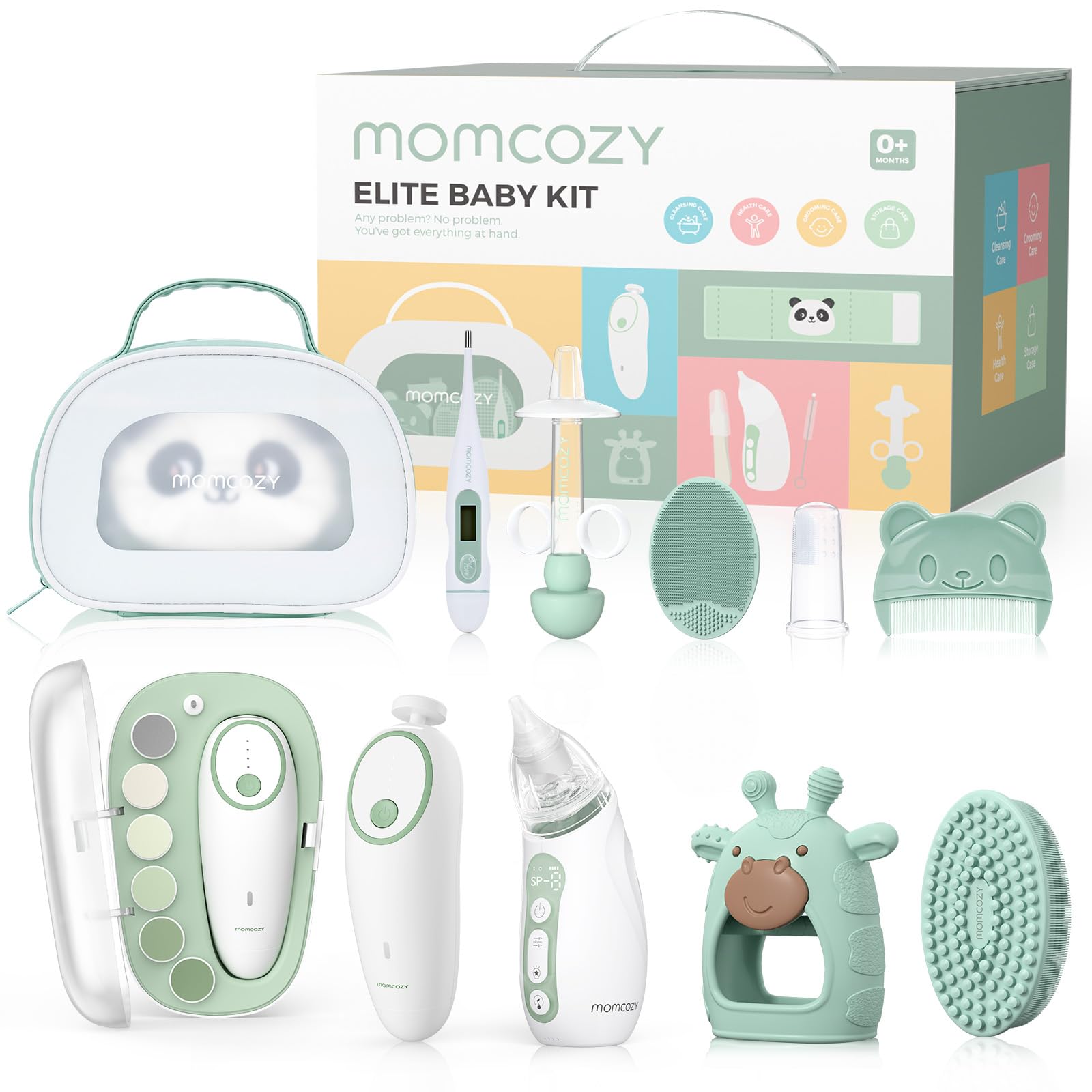 Momcozy Elite Kit Bebe, Neceser Bebe para Cuidado & Limpieza, Cosas para Bebes Recien Nacidos Incluye Electrico Lima Uñas & Aspirador Nasal, Cinturón de Vientre, Termometro, Cepillo Dientes y de Baño