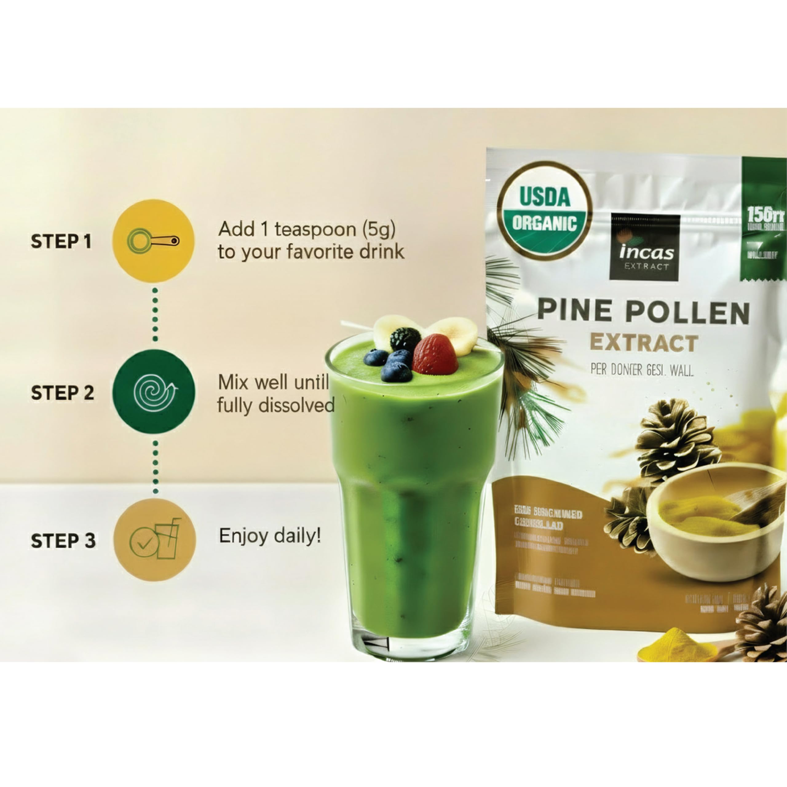 INCAS USDA Organic Pine Pollen Powder for Men, Broken Cell Wall, 6oz (170g) — Amazon image 4
