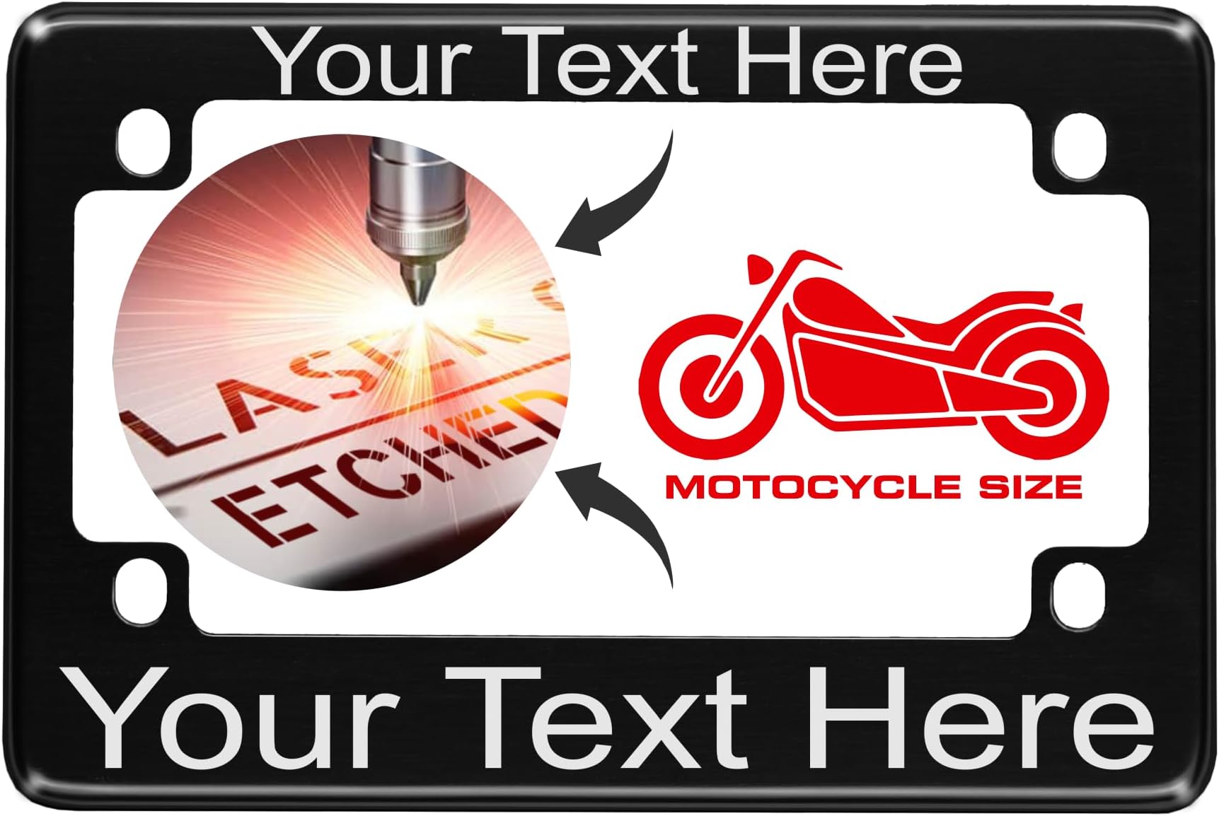 Motorcycle Personalized with Custom Text Design - Anodized Aluminum Laser Etched Standard Size License Plate Frame - Black