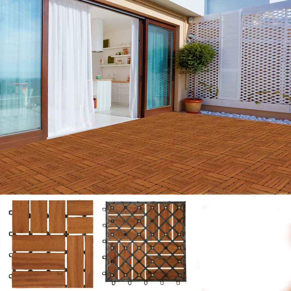 CASARIA Set 66 Piastrelle 30x30 cm in Legno di Acacia Certificato FSC® Superficie Totale 6 m² per Esterno Sistema a Incastro Pavimento per Terrazza Balcone Giardino Pavimentazione Mattonelle