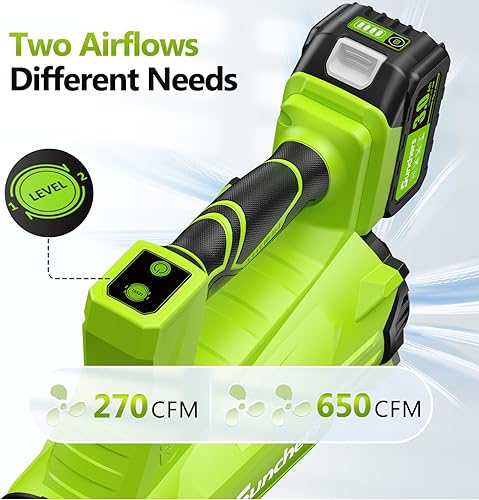 Electric Leaf Blower Cordless with 2 3.0Ah Battery and Charger, 2 Speed Mode 650CFM 280MPH Patio Tools with 2 Tubes, 20V Battery Powered Leaf Cleaner Handheld Blowers for Lawn Care, Dust, Leaves, Yard(Green)