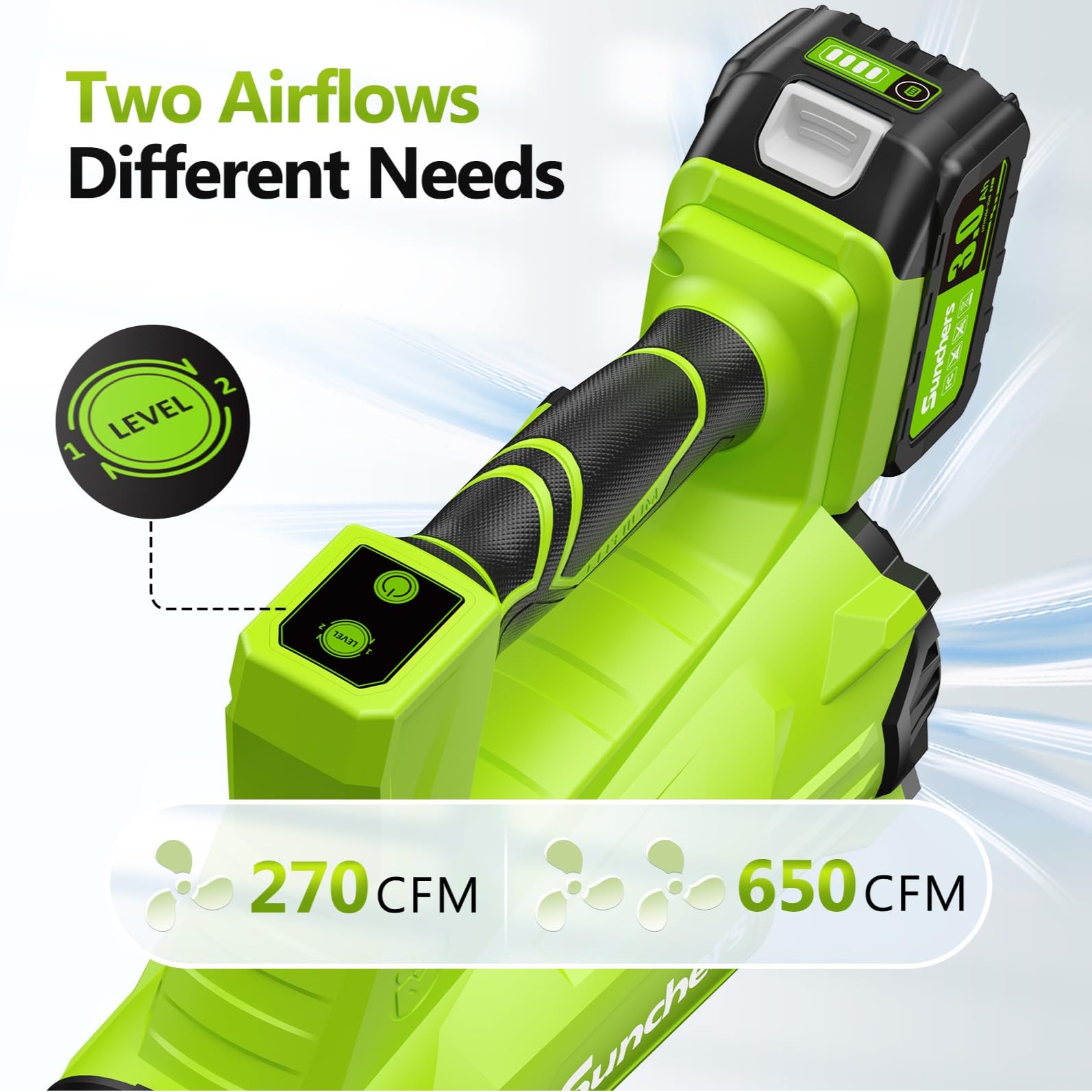 Electric Leaf Blower Cordless with 2 3.0Ah Battery and Charger, 2 Speed Mode 650CFM 280MPH Patio Tools with 2 Tubes, 20V Battery Powered Leaf Cleaner Handheld Blowers for Lawn Care, Dust, Leaves, Yard - Additional View