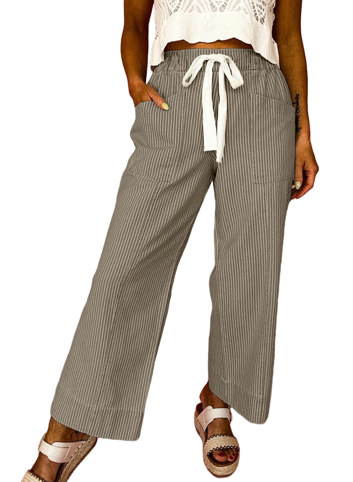 Acelitt Women Elastic Waist High Striped Pants, S-XXL
