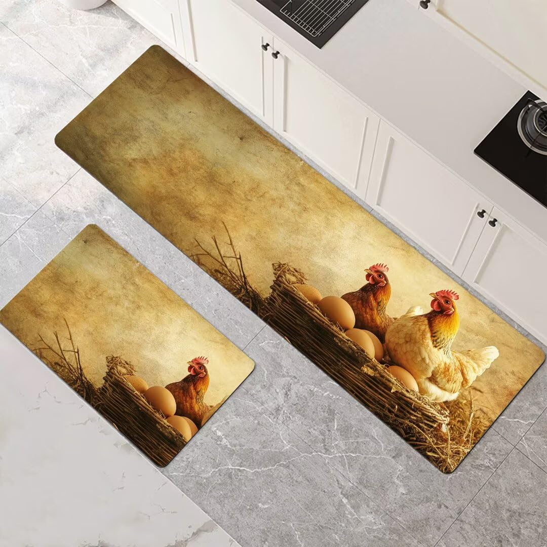 Alfombras de cocina de 2 piezas, conjunto antideslizante con diseño de gallo