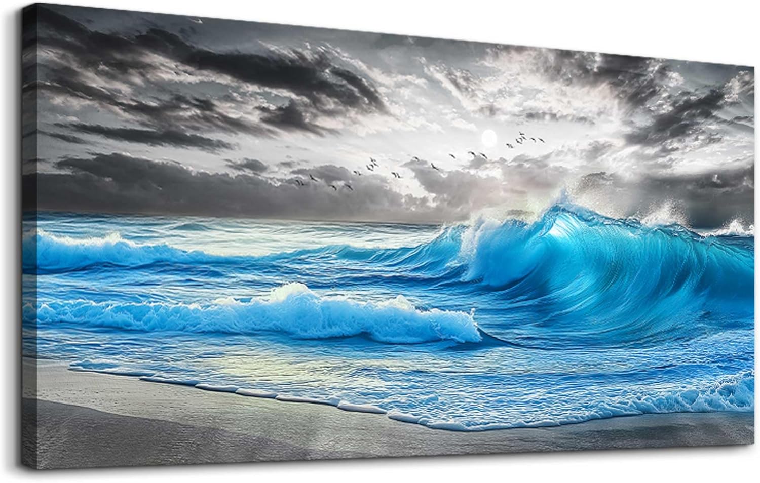 PHAOHUAXM Beach Wall Pictures Canvas Artworks Wall Decor For Living Room Canvas Wall Art For Bedroom Restaurant Office Decorations Blue Sea Wave Ocean Paintings Home Decor Ready To Hang 24x48 In