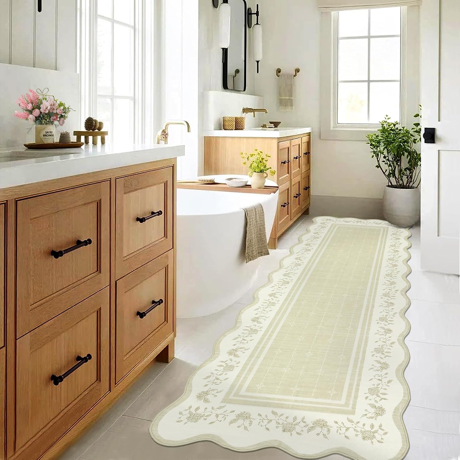 COZYLOOM 2x6 Entryway Runner Rug Scalloped Rug Washable Kitchen Bathroom Long Rug Foldable Hallway Rugs Non-Shedding Low Pile Floor Carpet for Bedroom Laundry Room, Beige
