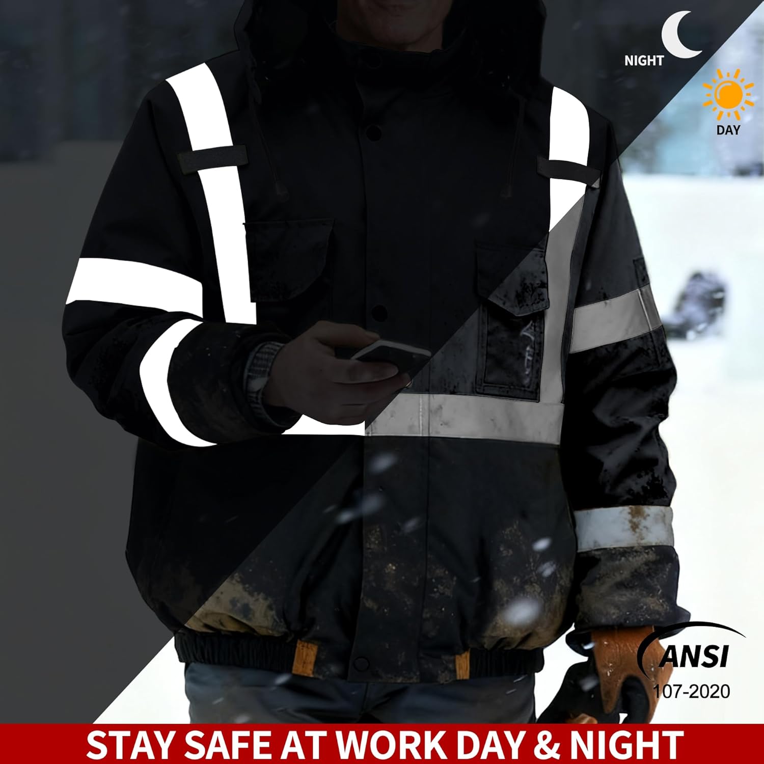 FATONE Hi Vis Jackets for Men Reflective Safety, Construction Worker Winter Coat Waterproof with Black Bottom ANSI/ISEA, Black S - Image 3