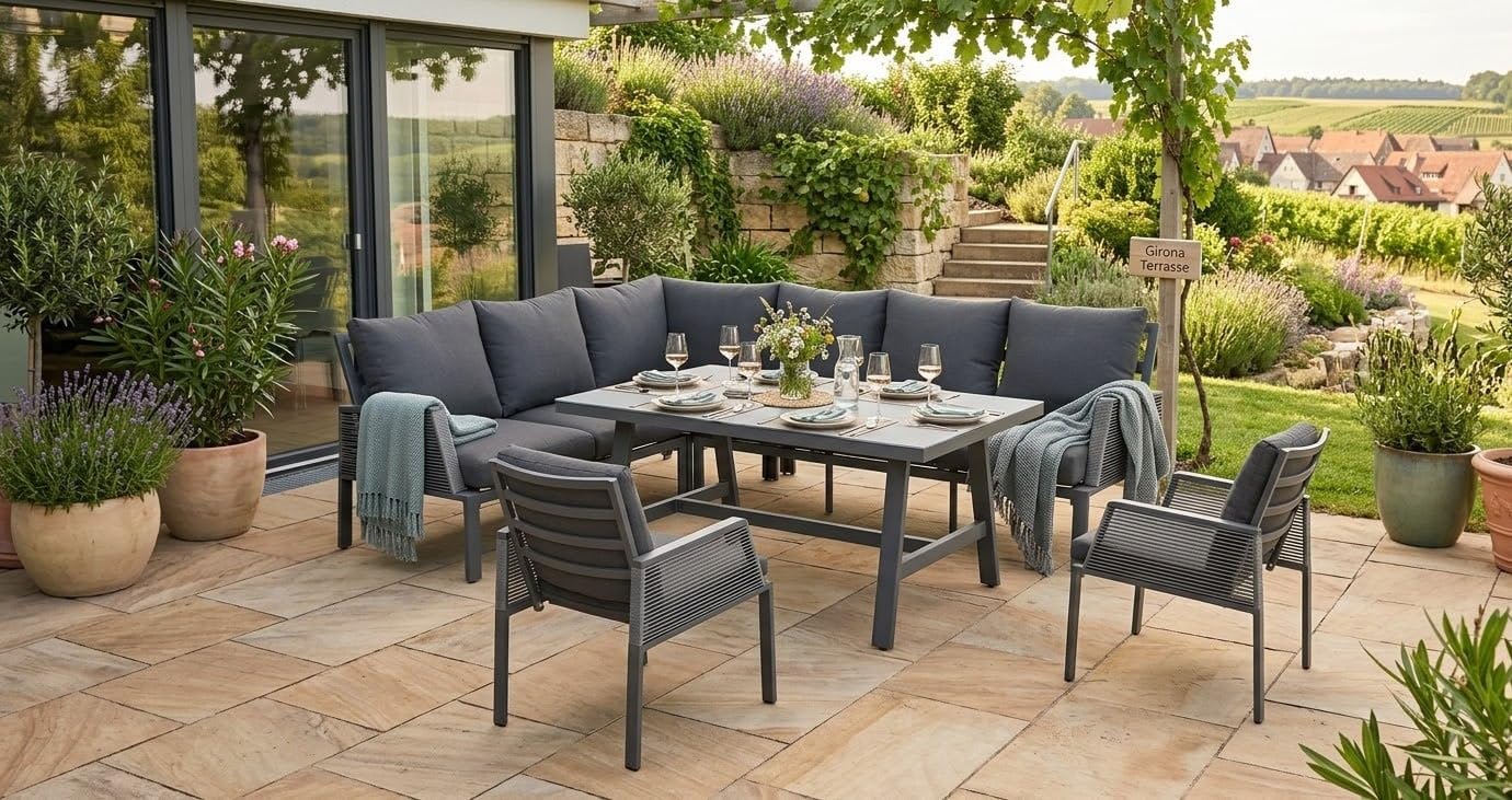 Primaster Gartenmöbel Set Girona Lounge Sitzgruppe für 8 Personen Alu anthrazit Outdoor Gartenlounge Tisch Kissen Modern Terrasse
