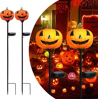 Afirst Halloween Pumpkin Pathway Solar Lights Handblown Glass Halloween Jack O Lantern Yard Display Solar LED Outdoor Decor Front Porch Decor 2 Pack, Orange