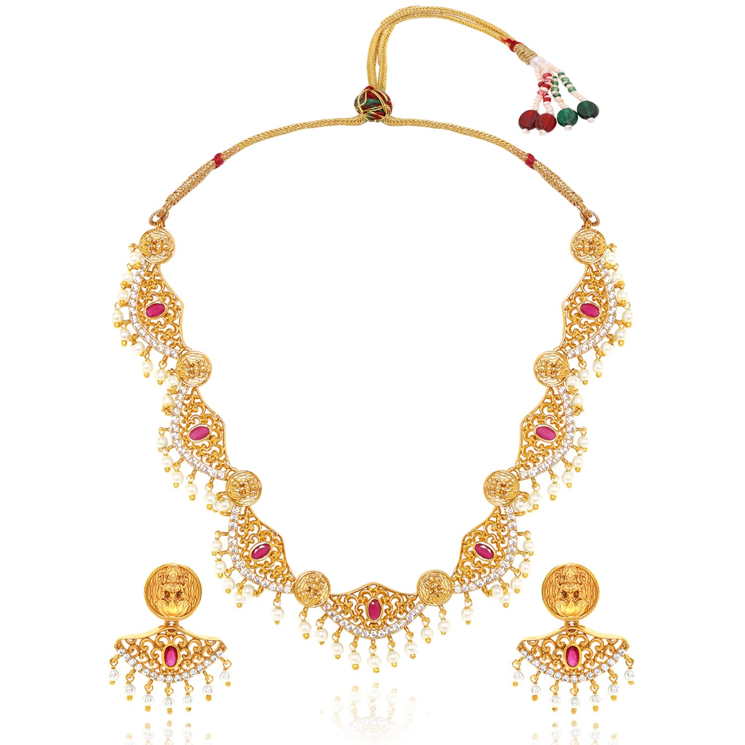 Rubans 24K Gold Plated Ruby Studded hanging pearls Divine Lakhsmi Temple Necklace Set (B0D6RXXX57) Amazon Price History, Amazon Price Tracker