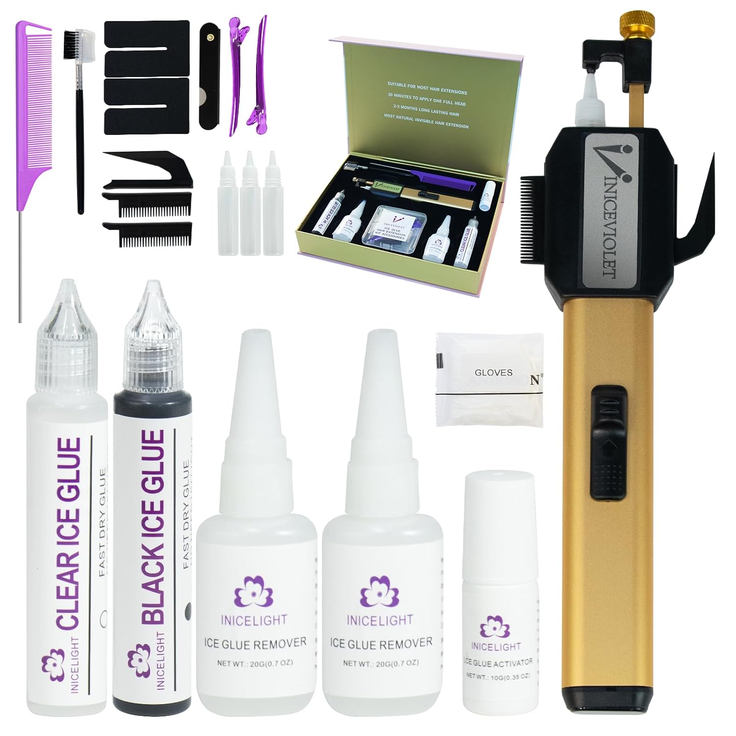 Patented Cold Glue Hair Extension Kit – Ice Glue Comb Applicator System, No Heat No V Light, Lightweight Invisible Bonds, Fast Install with Remover & Curing Agent for Salon Professionals (Gold)