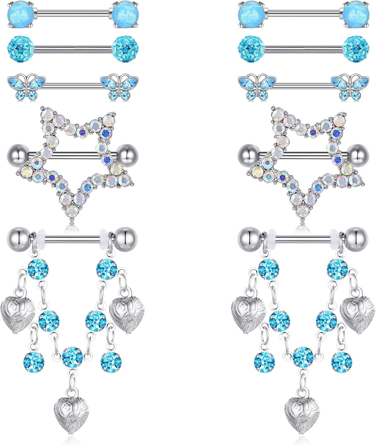 AceFun 5 Pairs 14G Nipple Rings Stainless Steel Heart Butterfly Bow Opal Flower CZ Stud Barbell Set Cute Nipplerings Shields Piercing Jewelry for Women Pink Blue Red Tone Body Jewelry