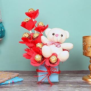 باقة شوكولاتة فيريرو روشيه للزينة من فلاور اورا 8 قطع في صندوق مع دب تيدي لطيف هدايا عيد الحب للصديقة والصديق والزوج والزوجة توصيل نفس اليوم عدد القطع: 2 بني داكن