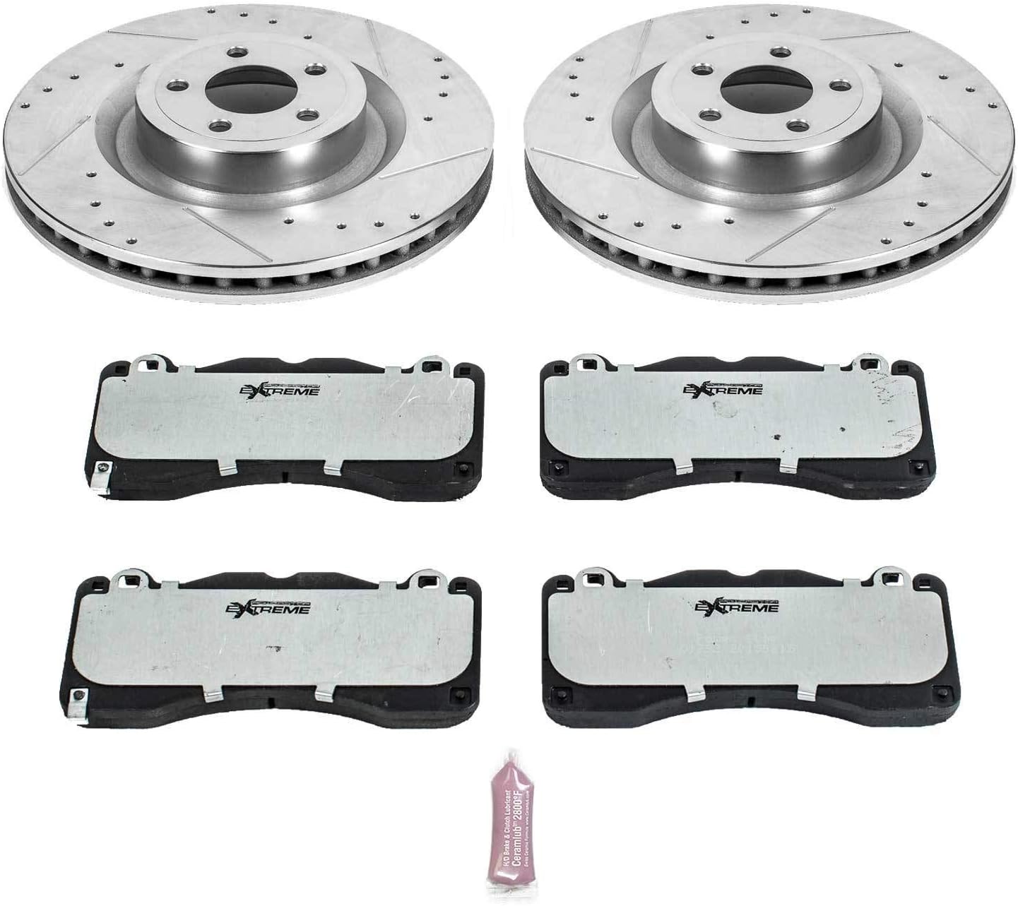 PowerStop Front Brake Kit For Ford Mustang 2015-23 - Carbon Fiber Ceramic Brake Pads + Drilled & Slotted Rotors Upgrade, K6811-26