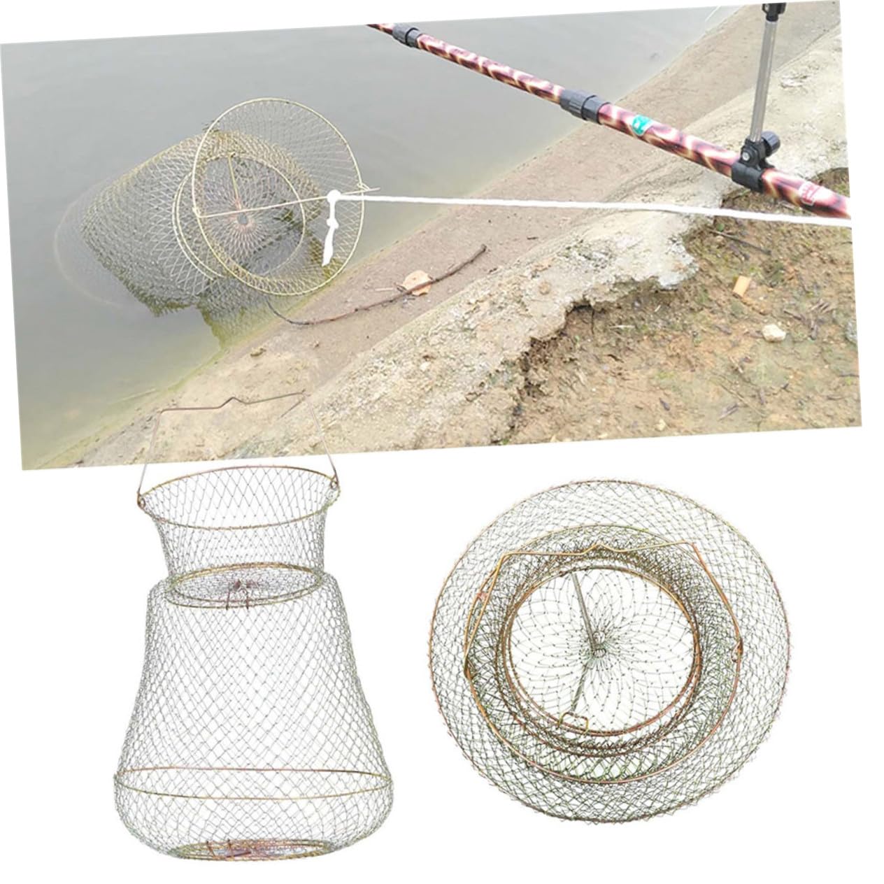 Gabbia per Pesci e Gamberetti in Filo di Acciaio Zincato Pieghevole, Cestino Portatile per Granchi e Cattura Pesci, Accessorio per Pesca Outdoor, Sicuro e Salvaspazio, Diametro 35