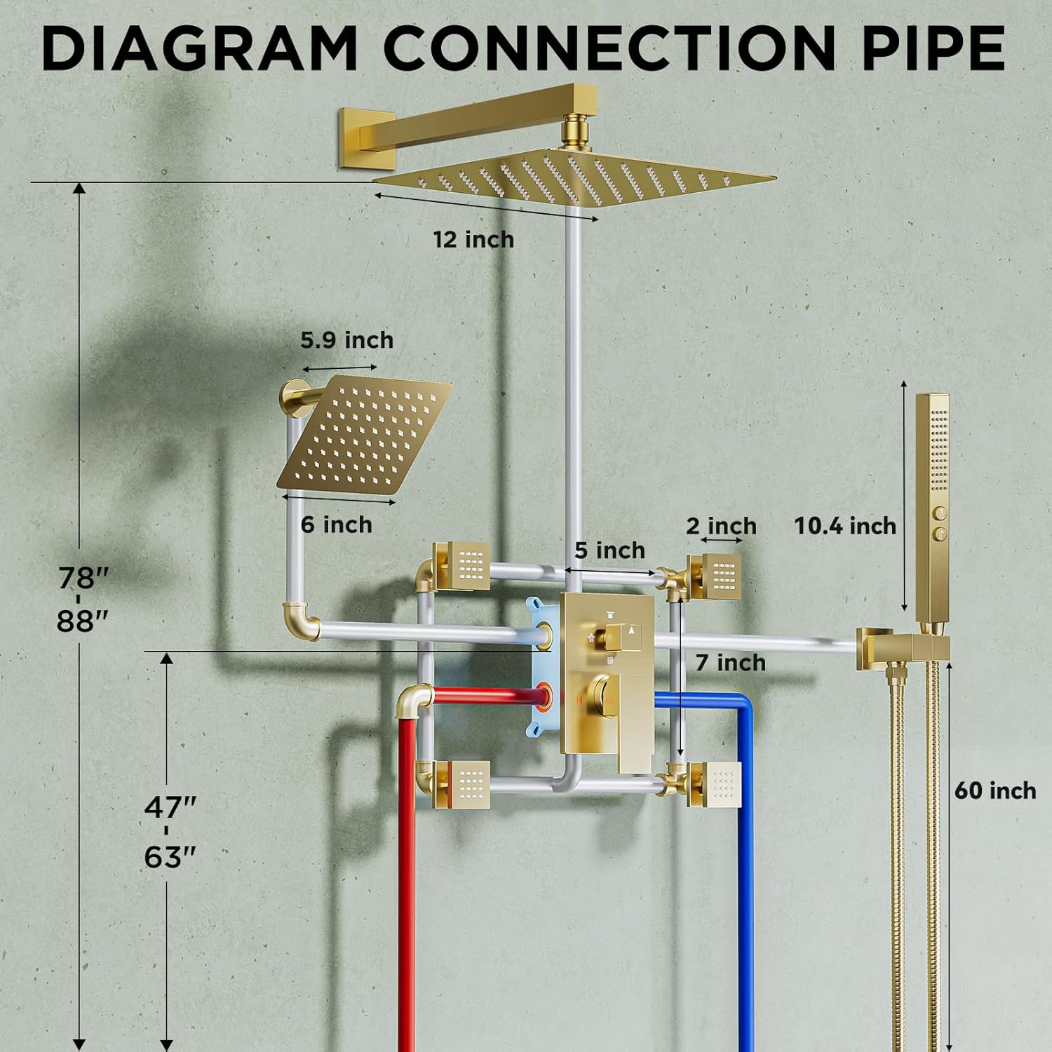Shower System with 4 Body Spray Jets, STARBATH 4 Way 12 + 6"Rainfall Shower Head with Handheld Combo, Wall Mounted Shower Jets System in Wall Shower Faucet Set, Brushed Gold