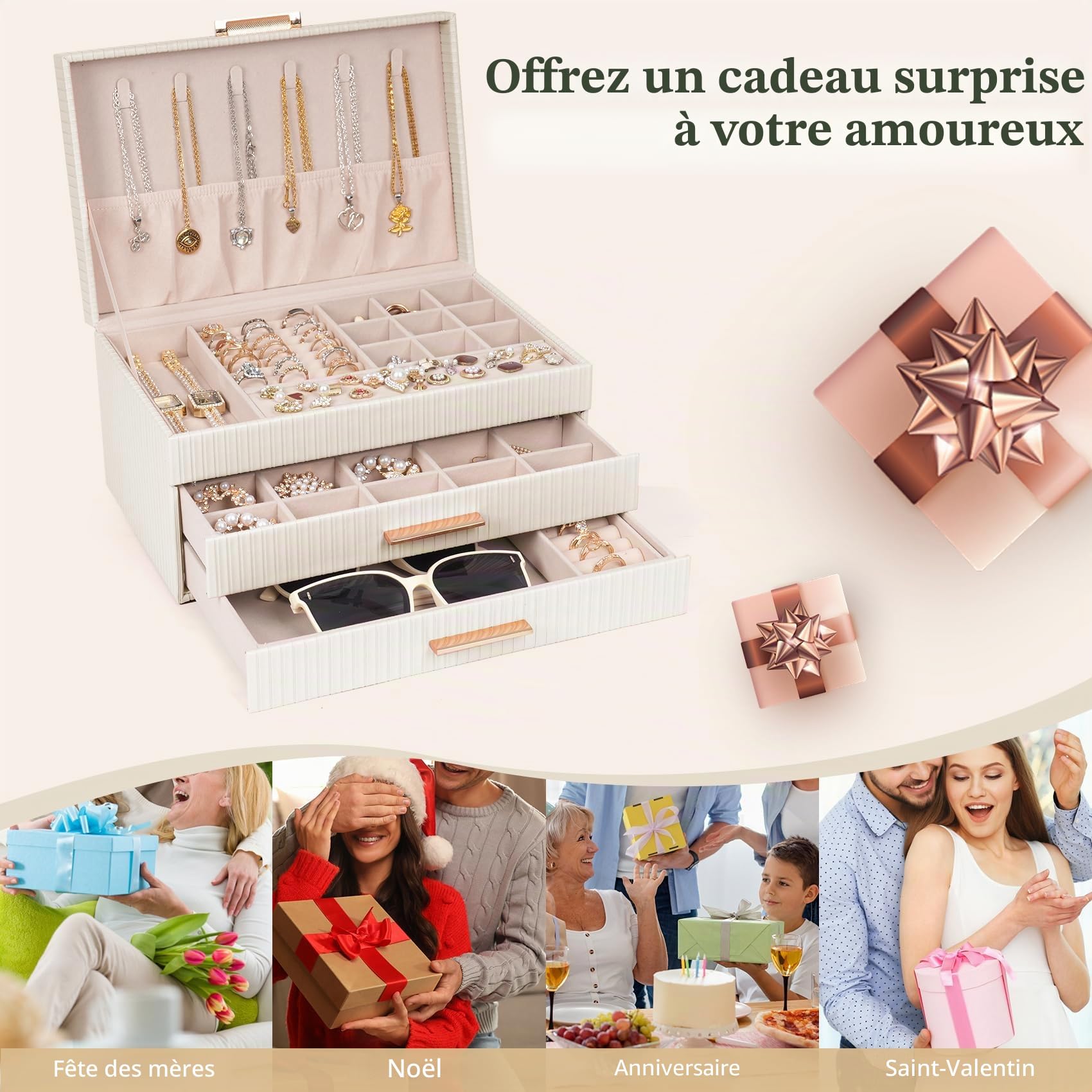 Dajasan Boite a Bijoux Femme, Boite à Bijoux avec 2 Tiroirs, 3 Niveaux Grande Boîte à Bijoux pour Coiffeuse, Cuir PU Imperméable Grain Vertical, Modern, Idée Cadeau pour Femme (Beige)