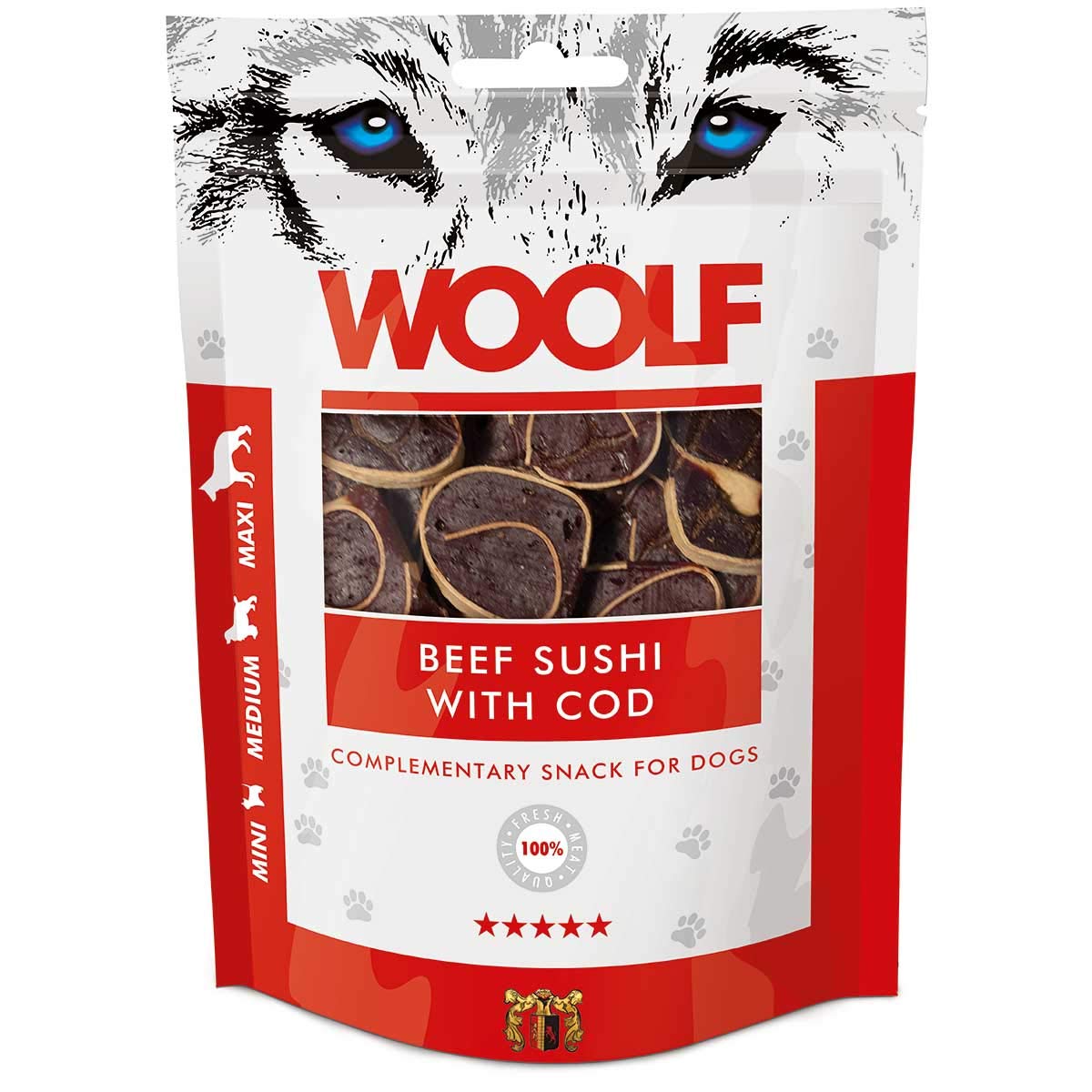 WOOLF Beef Sushi with Cod Dog Treat - Complimentary Snacks for Dogs. All-Natural Ingredients, High Meat Content, Nutritional, Free from Artificial Additives. Suitable for Dogs (100g)