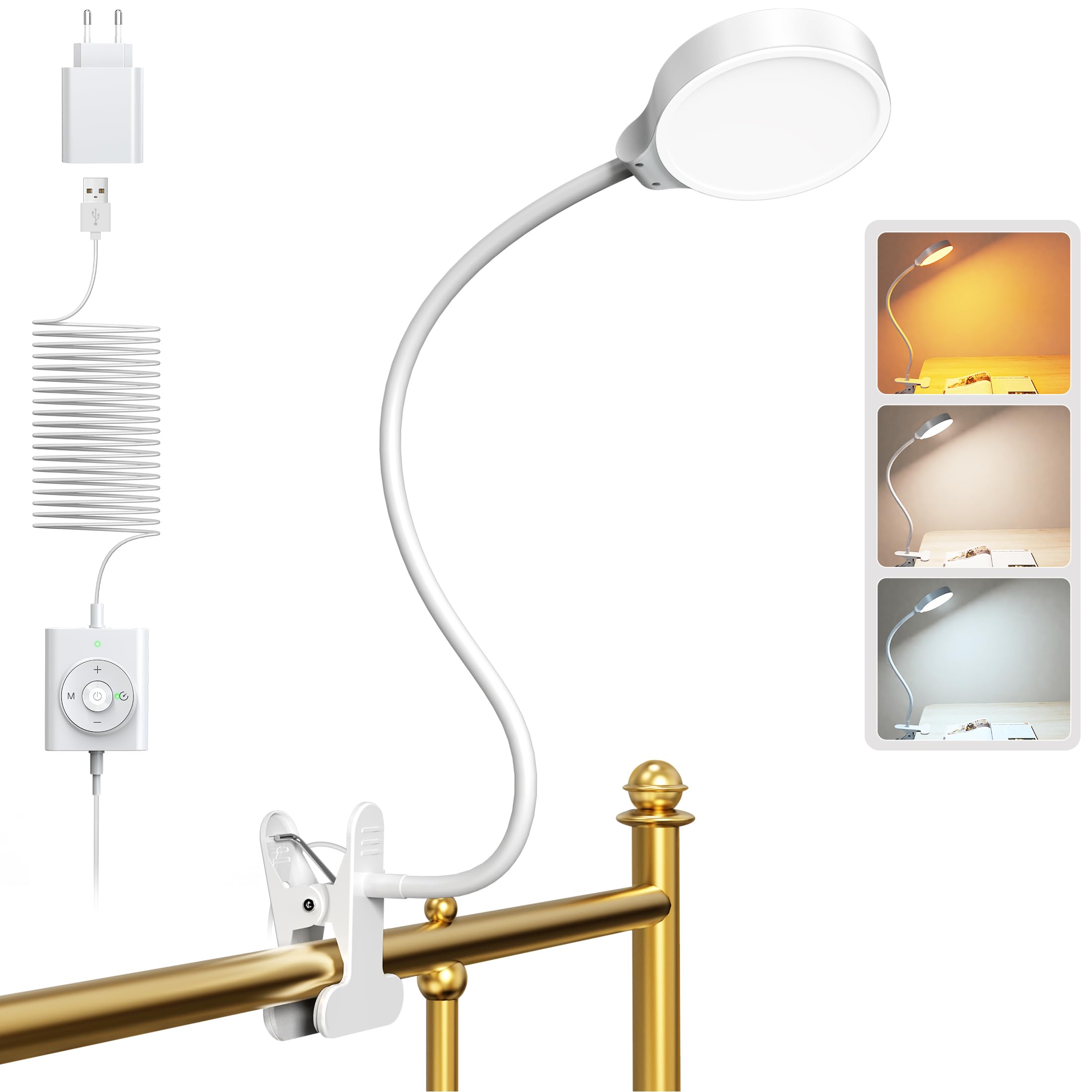 Glocusent 5 W Lampara Pinza Cabecero Cama, 36 LED Lampara Lectura Pinza, 3 Colores & 5 Niveles de Brillo, USB Lámpara de Escritorio con Cuello de Cisne, Luz Lectura para Cama/Escritorio/Cabecero