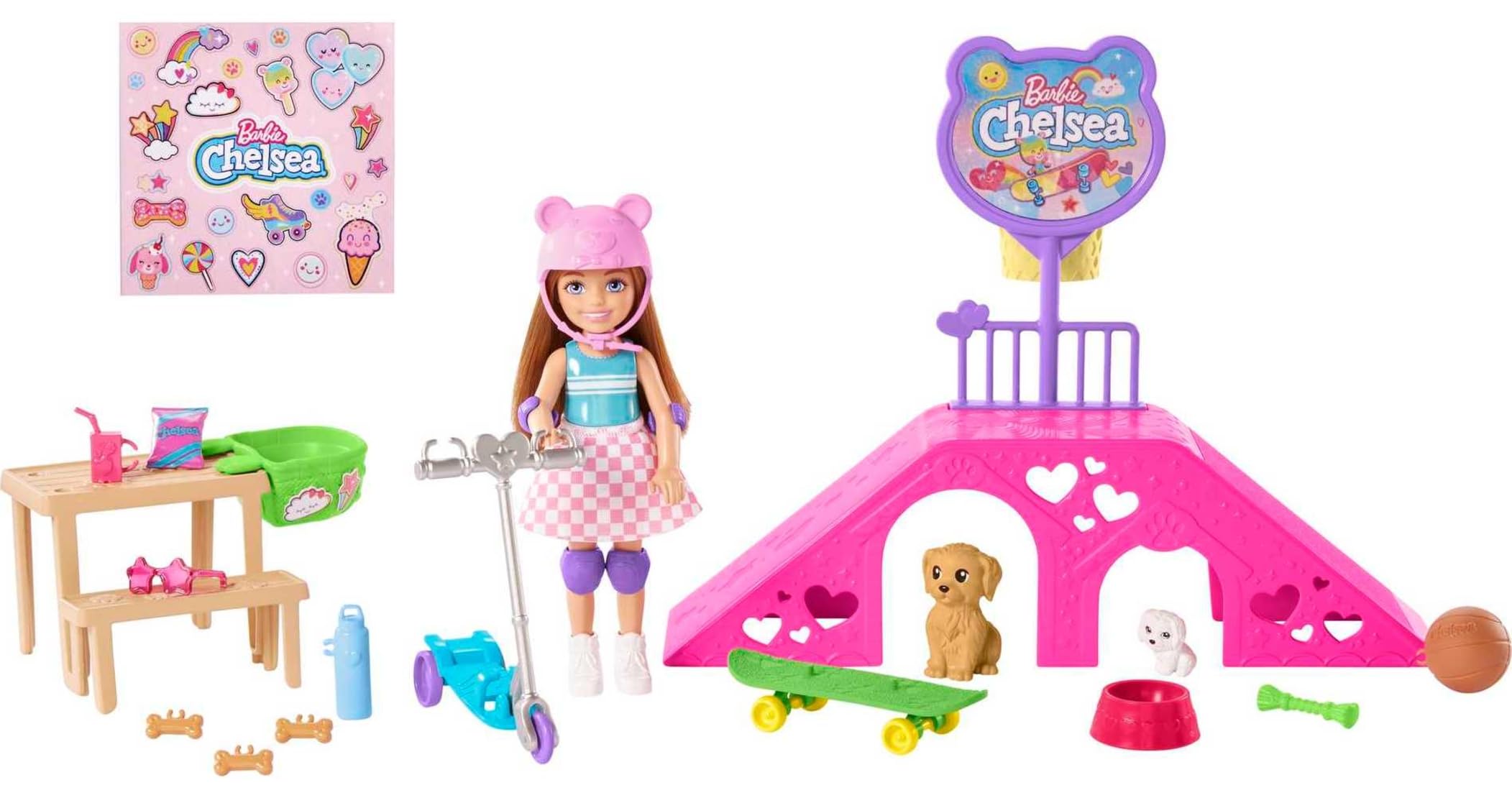 Barbie ​ Toys, Chelsea Doll and Accessories, Skatepark Playset with 2 Puppies, Skate Ramp, Scooter, Sticker Sheet and 15+ Additional Pieces
