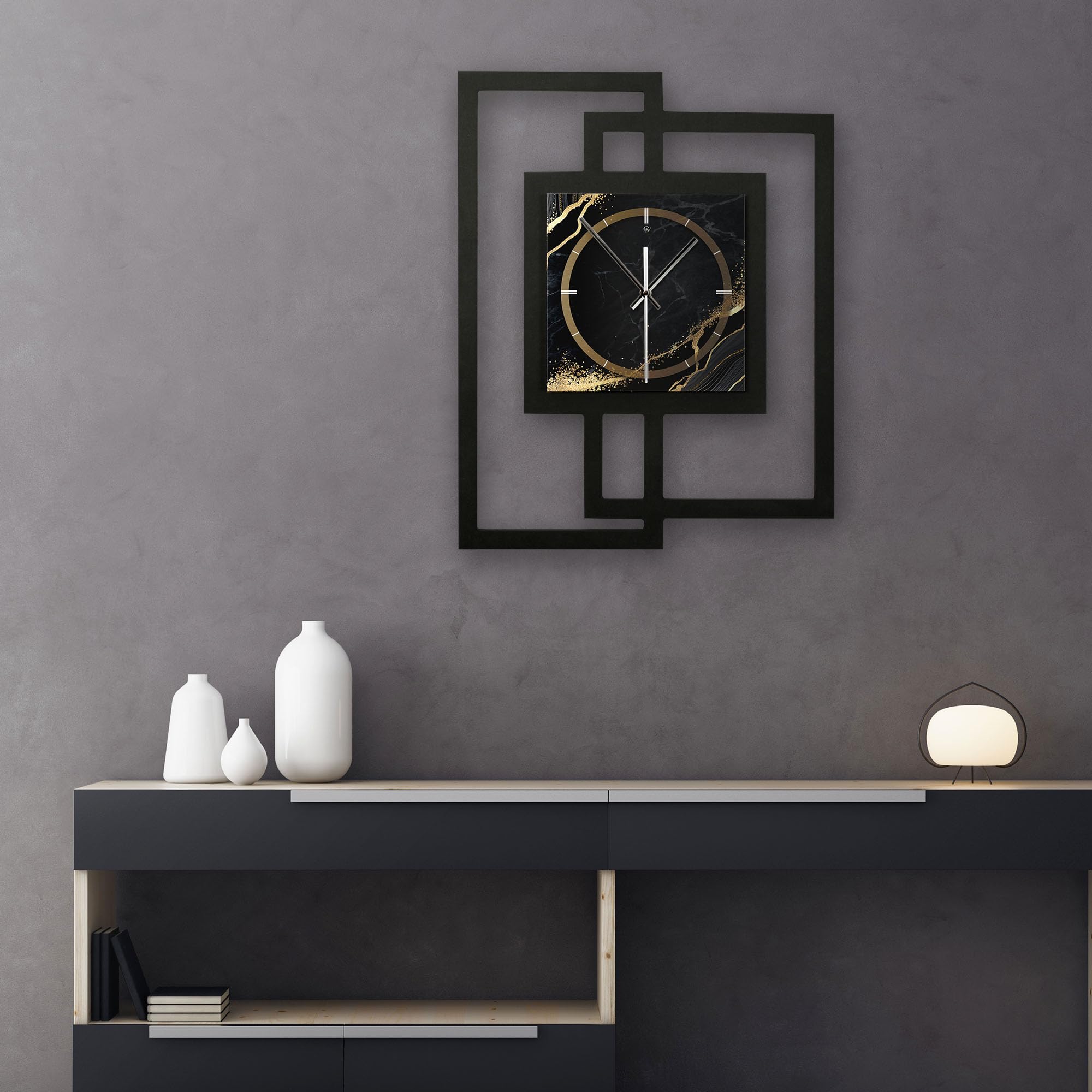 Kreative Feder Designer-Wanduhr in modernem Metallic-Look ohne Tickgeräusche (Black & Gold Waves, leises Funkuhrwerk)