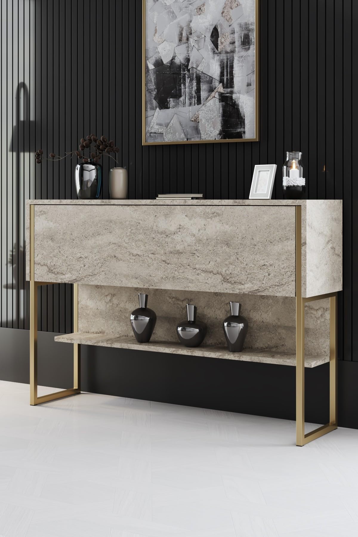 Holzkonsole "Luxe" - 120 x 30 x 80 cm - Travertin Gold