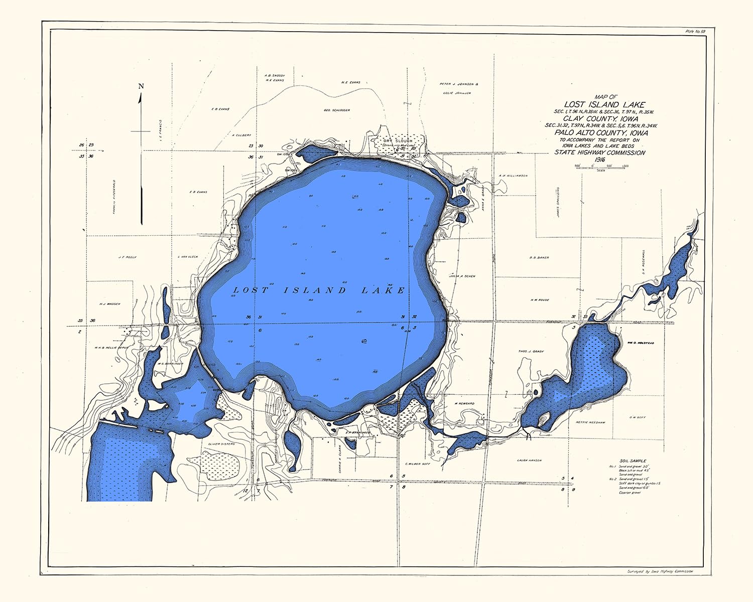 1916 Map of Lost Island Lake Clay County and Palo Alto County Iowa