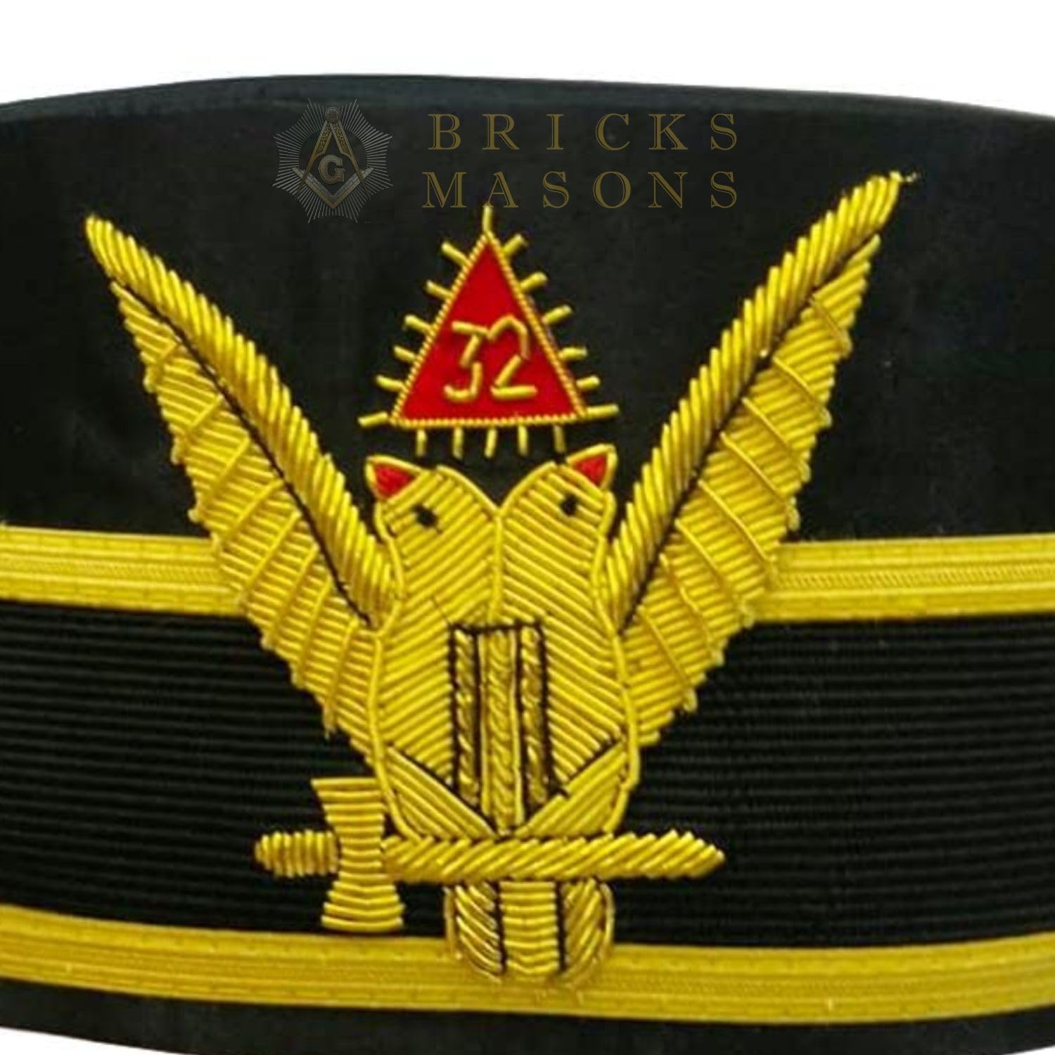 32nd Degree Scottish Rite Wings UP Double-Head Eagle Cap Bullion Hand Embroidery Gray-Yellow