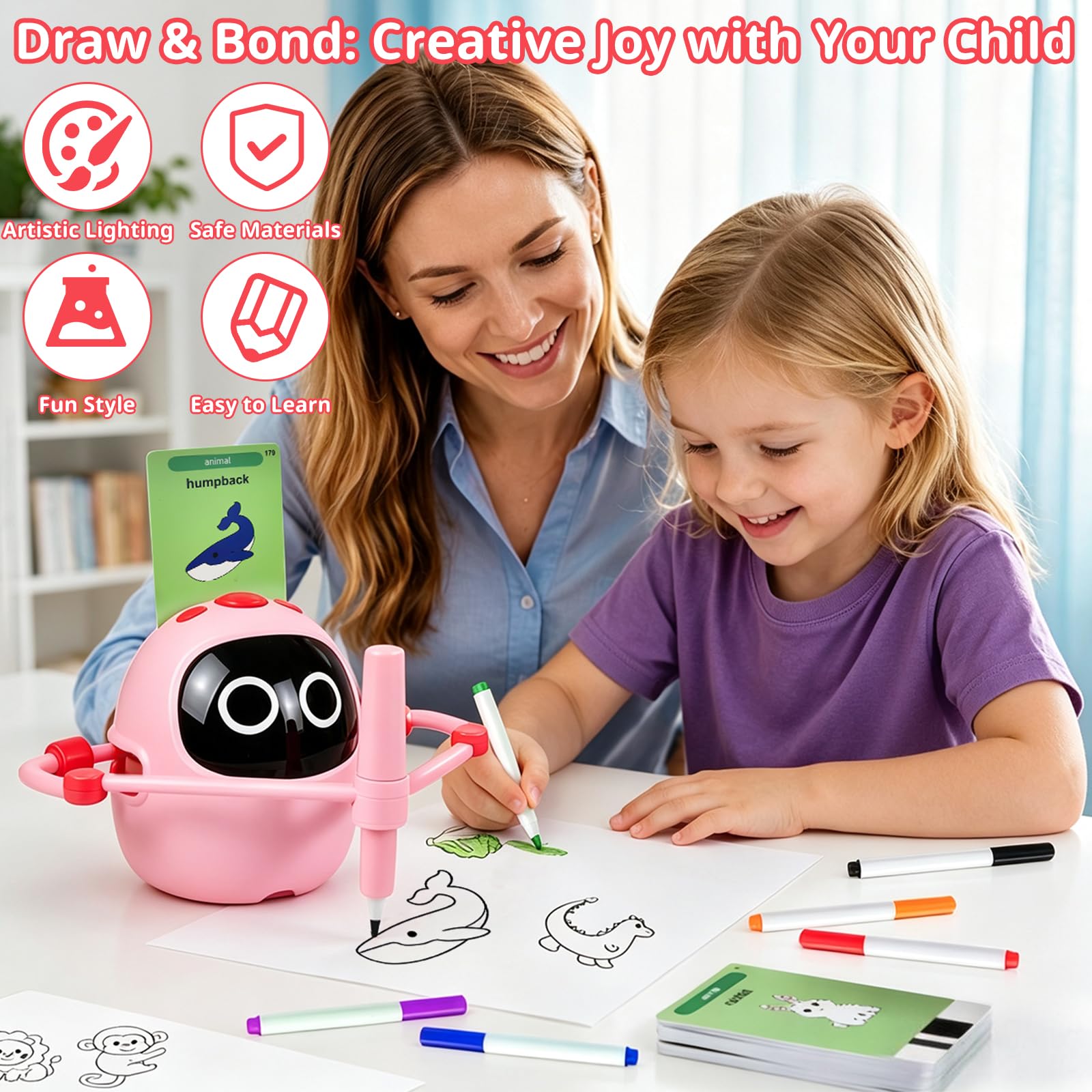 Robot da disegno per bambini, 220 carte educative con guida vocale Montessori, giocattolo da pittura per ragazze e ragazzi 3-8 anni, regalo di compleanno e Natale (rosa versione inglese)