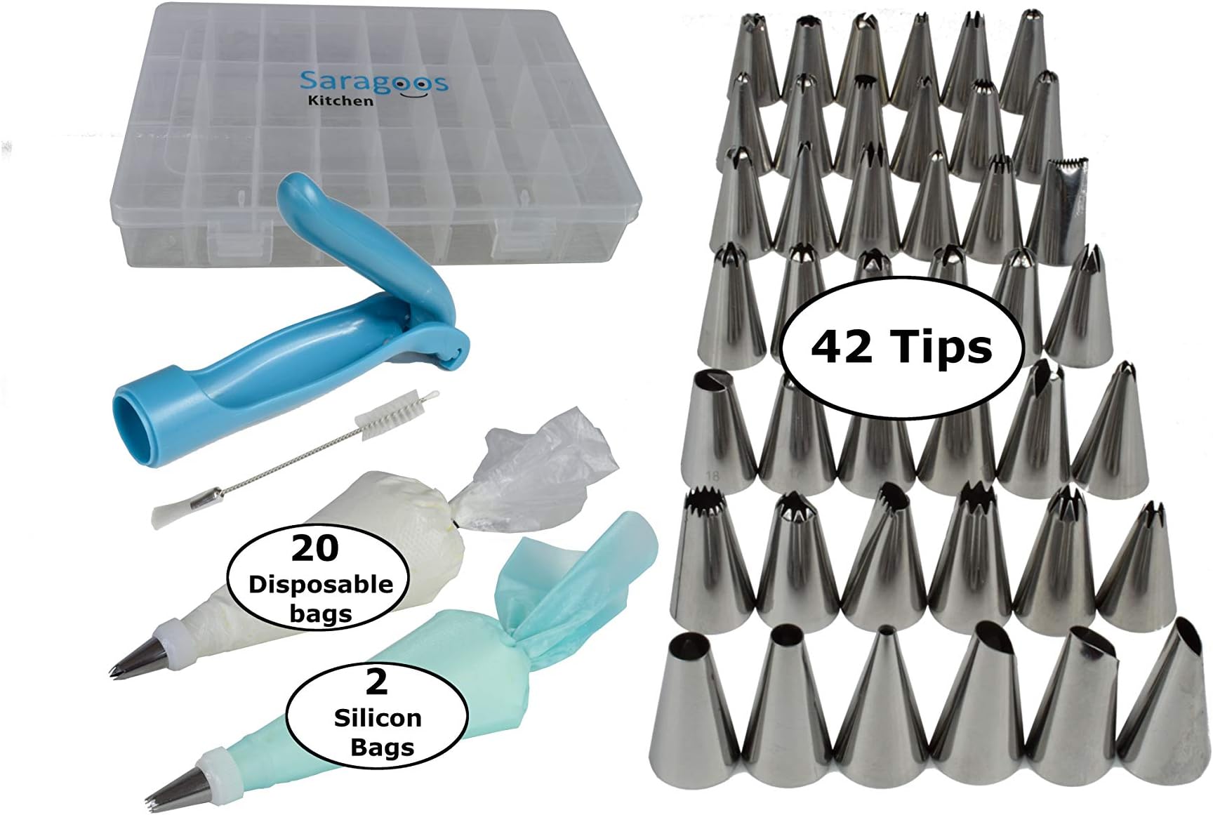 Saragoos-Kitchen Cake Decorating Supplies 42 Frosting Piping Tips 2 Silicone Frosting Bags, Baking Supplies, Cake Decorating Kit, Icing Pen, 20 Disposable Piping Bags, Storage Case