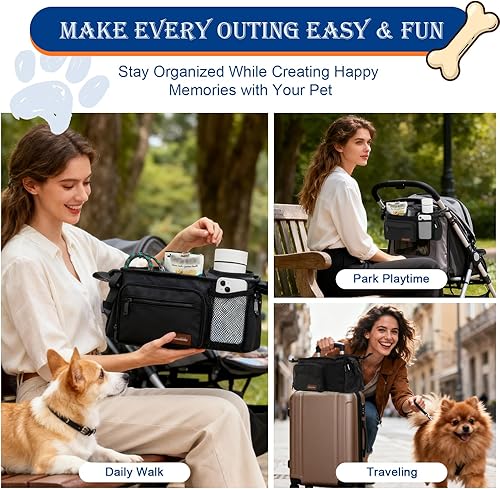 Miniatura 7 de Bolsa organizadora para cochecito de perro, carrito de cochecito para mascotas con dispensador de bolsas para excrementos, bolsillo para golosinas