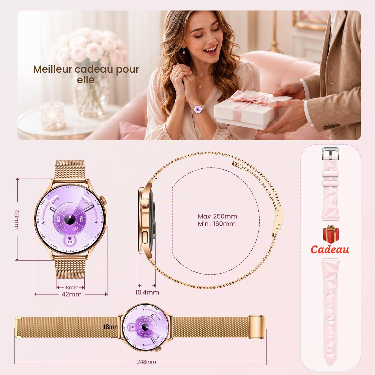 ECG Montre Connectée Femme Smartwatch: 1.32" AMOLED Écran PPG HRV IMC Acide Urique Émotions Repondre Appel Sommeil Fréquence Cardiaque SpO2 Étanche Podomètre Température Montre Sport pour Android iOS