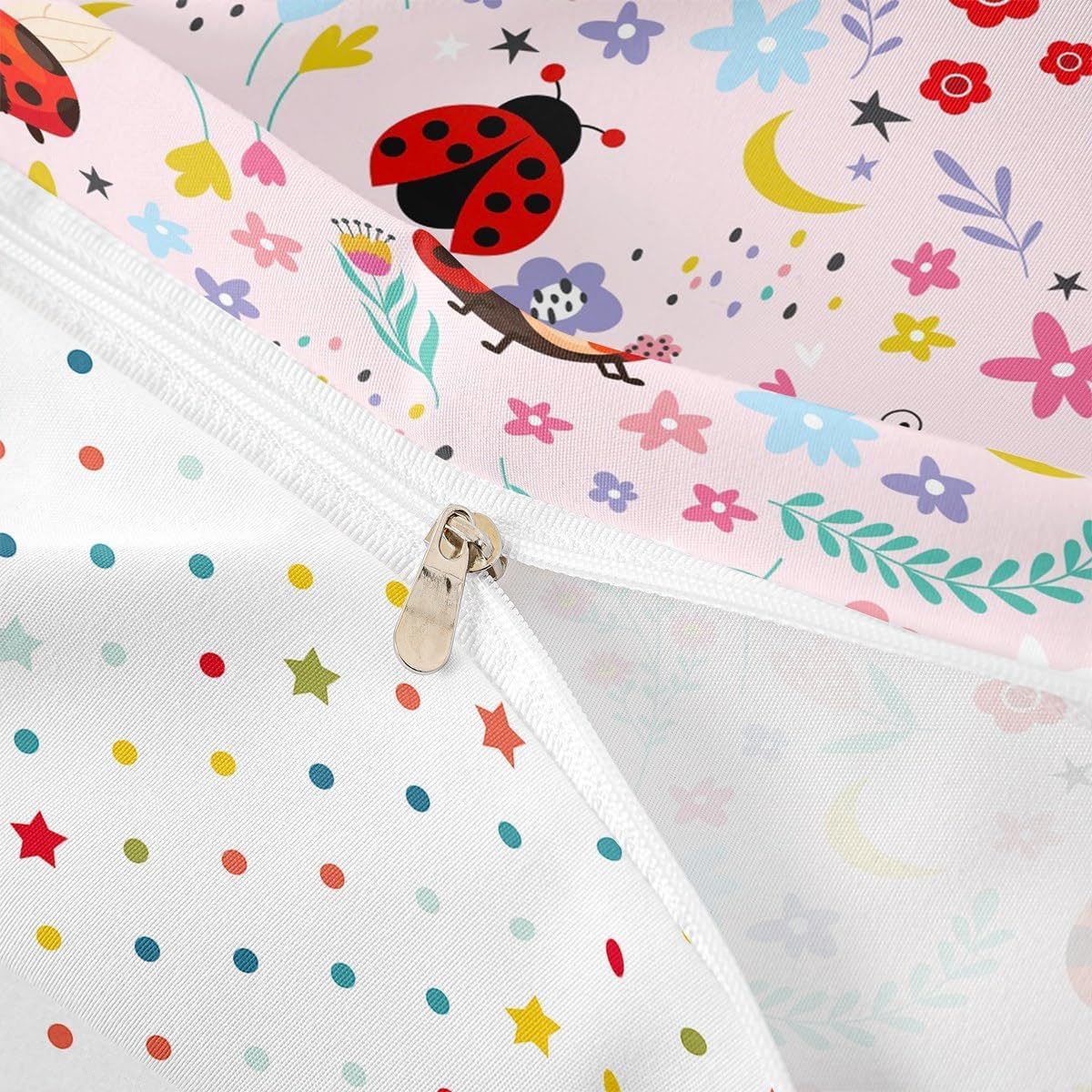 Erosebridal Floral Ladybug Comforter Cover for Kids Baby Red Ladybird Pink Animal Duvet Cover Toddler Spring Botanical Cartoon Floral Flower Bed Set Dreamy Fantasy Girly Preppy Cute Bedding Set
