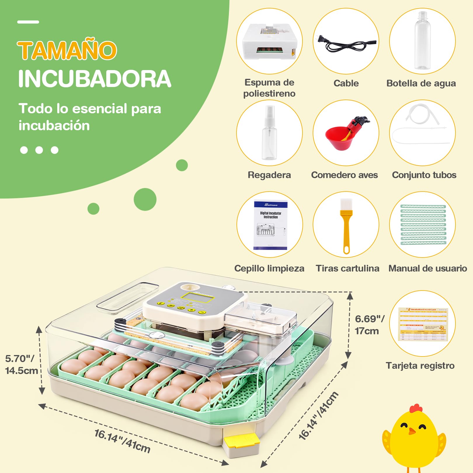 Sailnovo Incubadora de Huevos Automática 48 Huevos con Control Preciso Temperatura/Humedad, Volteador Automático de Huevos, Vista 360°, Ovoscopio Para Huevos, Para Gallina/Pato/Codorniz,Verde