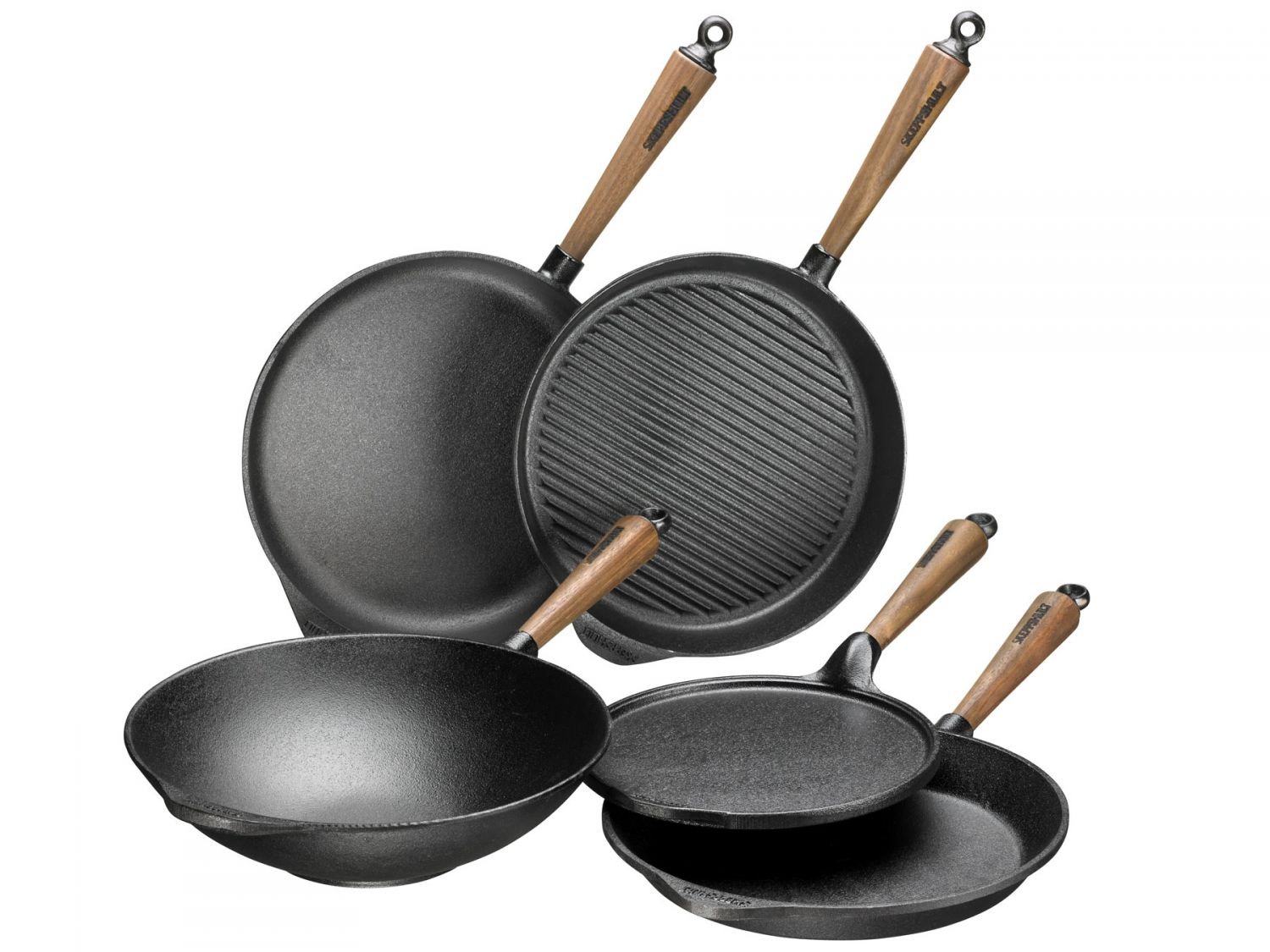 Skeppshult Pfanne Walnuss Holzgriff Bratpfanne / Servierpfanne / Grillpfanne / Wok Gusseisen + Prymo Mikrofasertuch Farbe Servierpfanne, Größe 28 cm