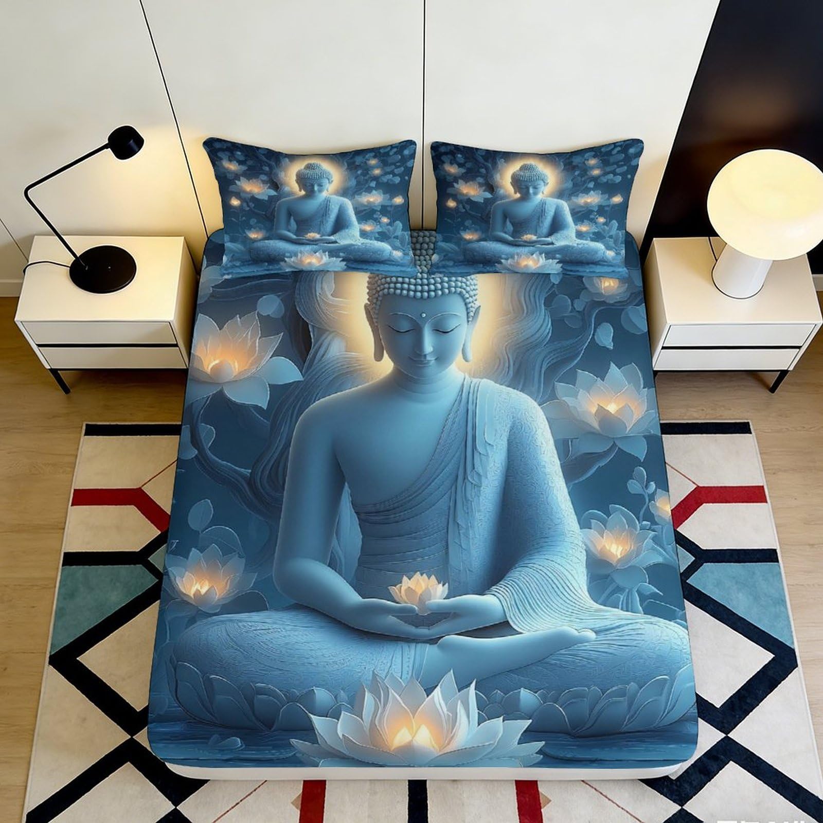 Pnayamiorkfel Style-5 3D Printed Buddha Lotus Fitted Sheet Microfiber Soft Blue Bed Cover For Bedroom Guest Room Dorm Mattress Protection Decor 90X200x25cm