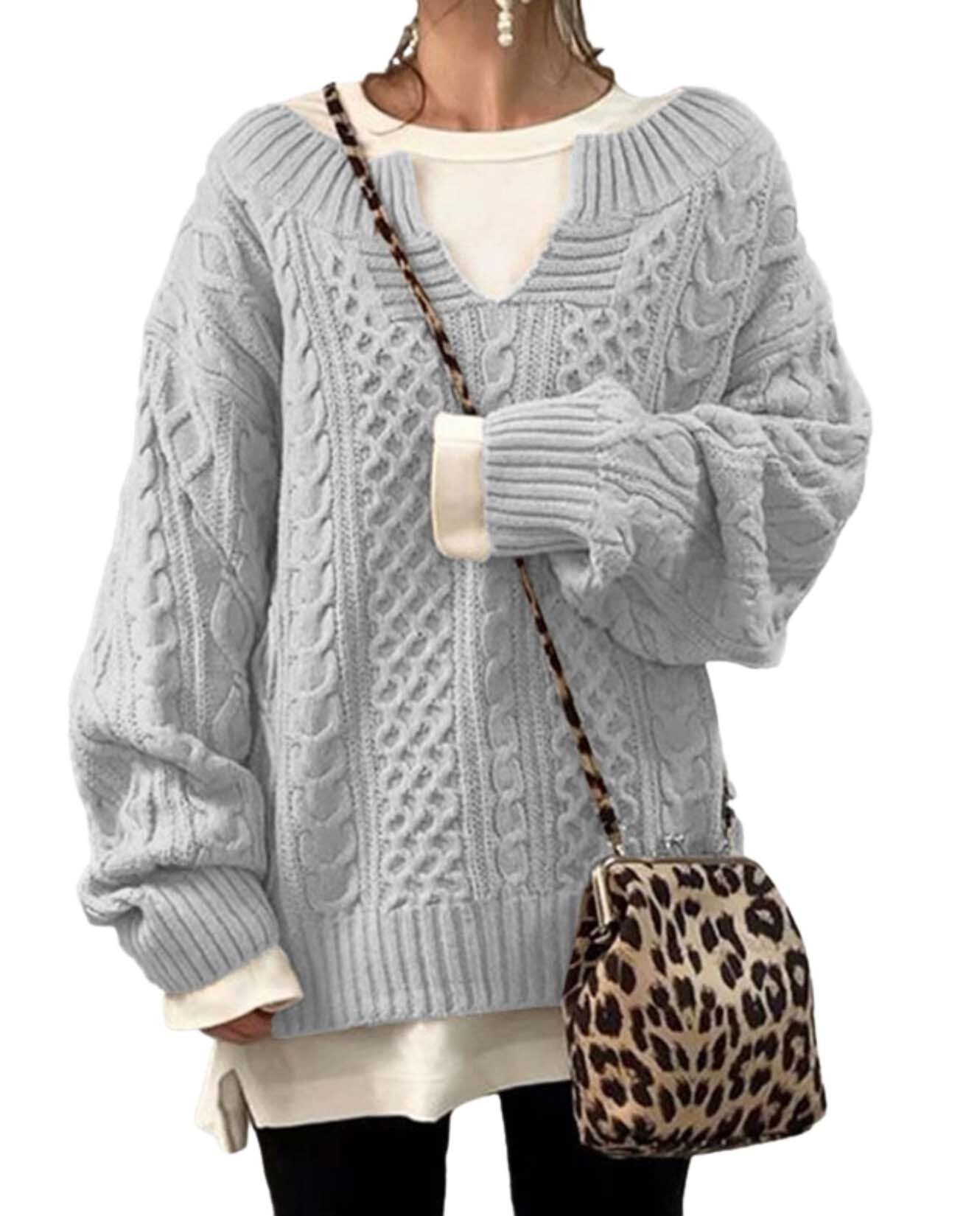 Womens Winter Chunky V Neck Long Sleeve Loose Knit Pullover Sweater Fashion Knit Casual Knit Sweater