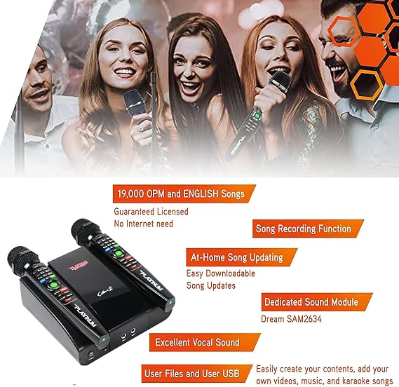 2022 Platinum Karaoke Machine System,Over 23K Songs:7K Filipino Tagalog,4K Hindi +12k English Songs,Dual Wireless Microphones,Digital Video,Song Recording & Link app Support, Black, LX-CELLO 2