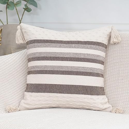 vctops Funda de almohada de rayas estilo granja con borla, funda de cojín decorativa moderna para sofá, dormitorio, sin relleno (café, 18 x 18