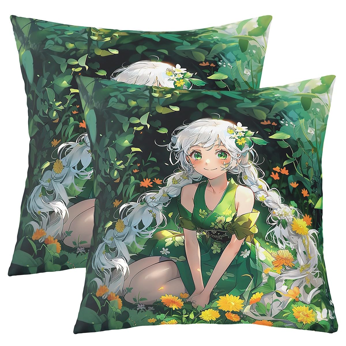Loussiesd Cartoon Grils Reversible Throw Pillow Covers for Kids Girls Kawaii Fairy Pillow Covers Home Decor 40x40cm Fancy Green Square Cushion Covers Set of 2 Decor Daisy Tree Botanical Natural