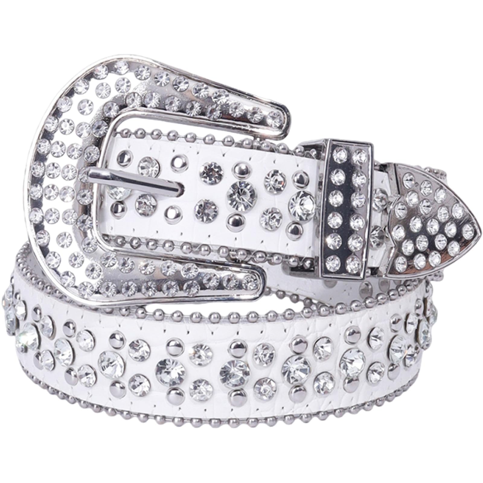 AGUTALITHIC Women's Western Rhinestone Studded Leather Belts Bling Crystal Cowgirl Embossed Waist Strap for Jeans Pants Dress(95cm/37, White - Style 2)